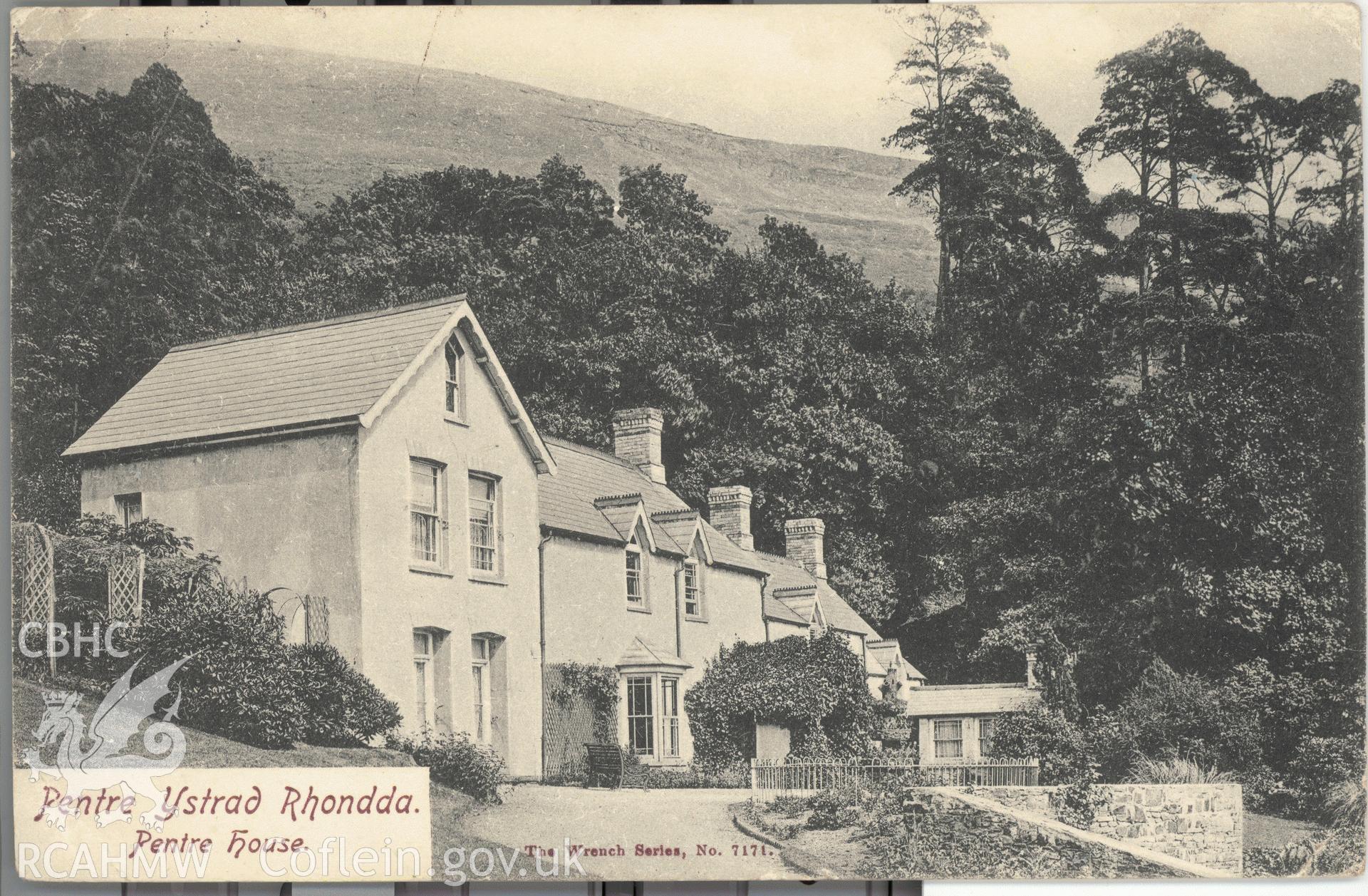 Digitised postcard image of Pentre house, Pentre, the Wrench Series. Produced by Parks and Gardens Data Services, from an original item in the Peter Davis Collection at Parks and Gardens UK. We hold only web-resolution images of this collection, suitable for viewing on screen and for research purposes only. We do not hold the original images, or publication quality scans.