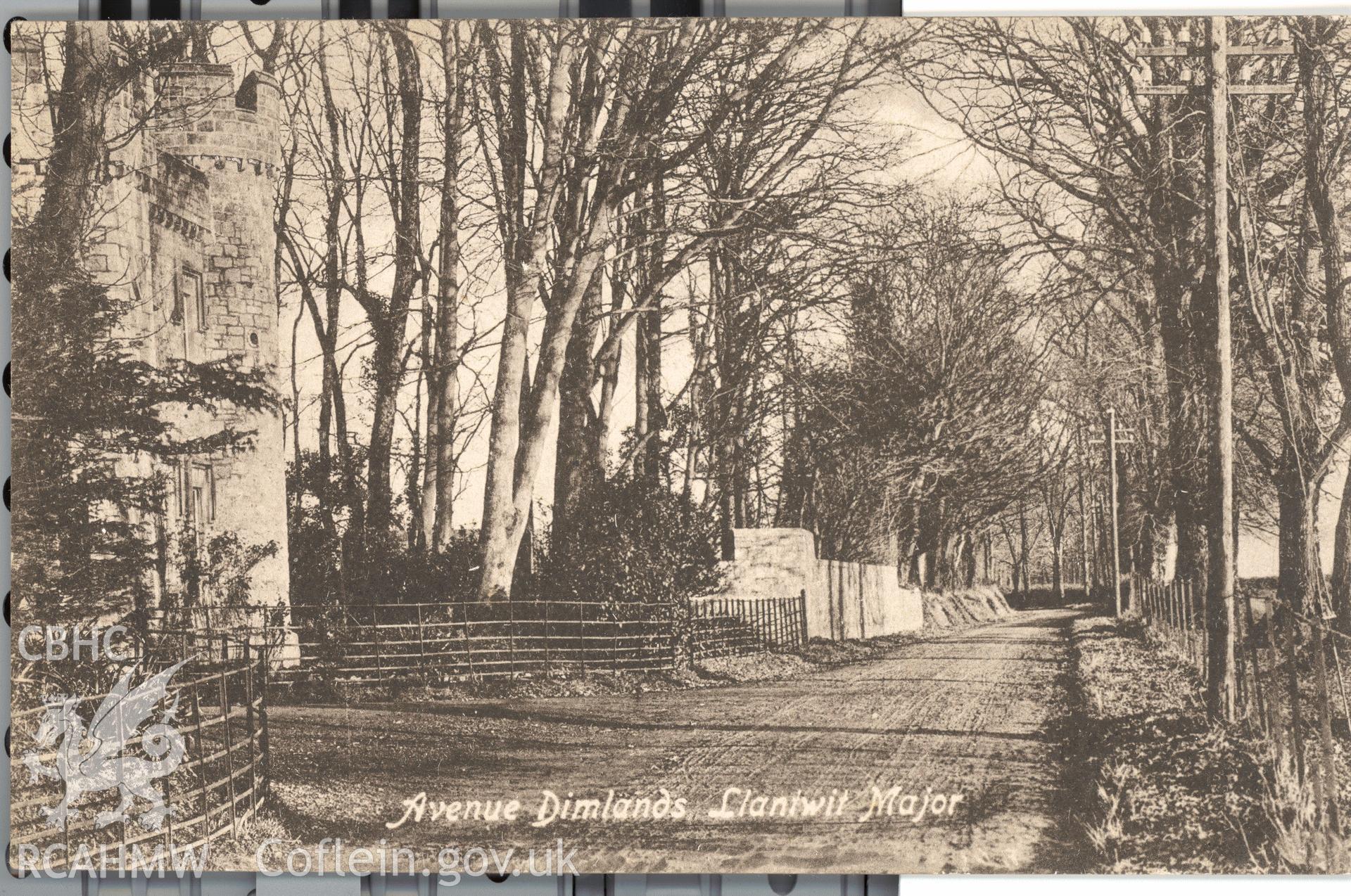 Digitised postcard image of Dimlands, Llantwit Major, showing lodge. Produced by Parks and Gardens Data Services, from an original item in the Peter Davis Collection at Parks and Gardens UK. We hold only web-resolution images of this collection, suitable for viewing on screen and for research purposes only. We do not hold the original images, or publication quality scans.