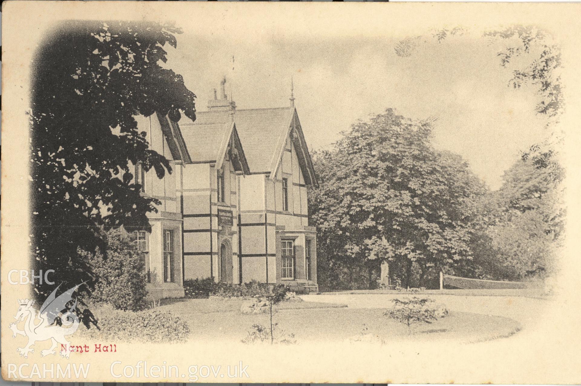 Digitised postcard image of Nant Hall Hotel, Prestatyn. Produced by Parks and Gardens Data Services, from an original item in the Peter Davis Collection at Parks and Gardens UK. We hold only web-resolution images of this collection, suitable for viewing on screen and for research purposes only. We do not hold the original images, or publication quality scans.