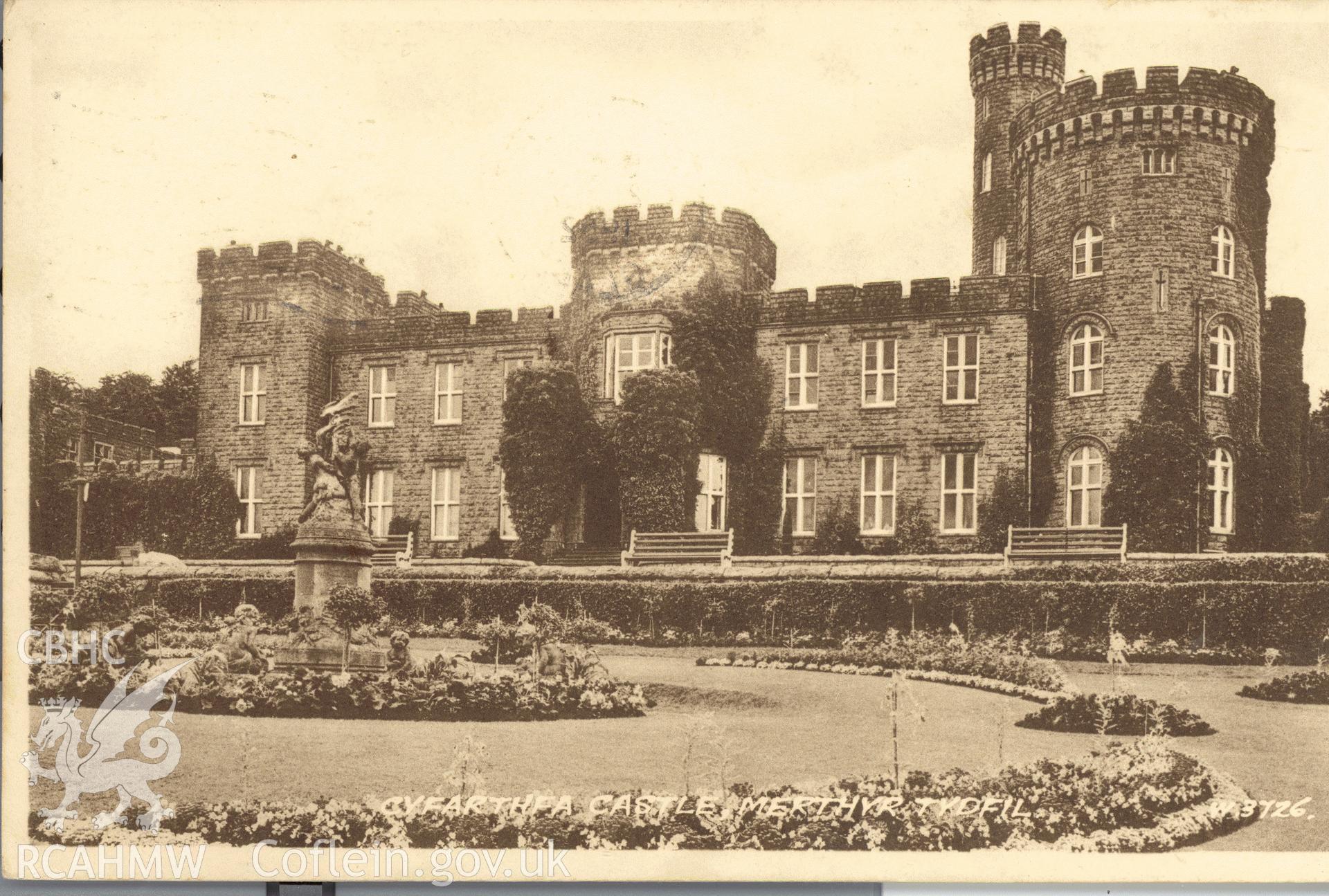 Digitised postcard image of Cyfarthfa Castle, Merthyr Tydfil, showing fountain, Valentine and Sons Ltd. Produced by Parks and Gardens Data Services, from an original item in the Peter Davis Collection at Parks and Gardens UK. We hold only web-resolution images of this collection, suitable for viewing on screen and for research purposes only. We do not hold the original images, or publication quality scans.