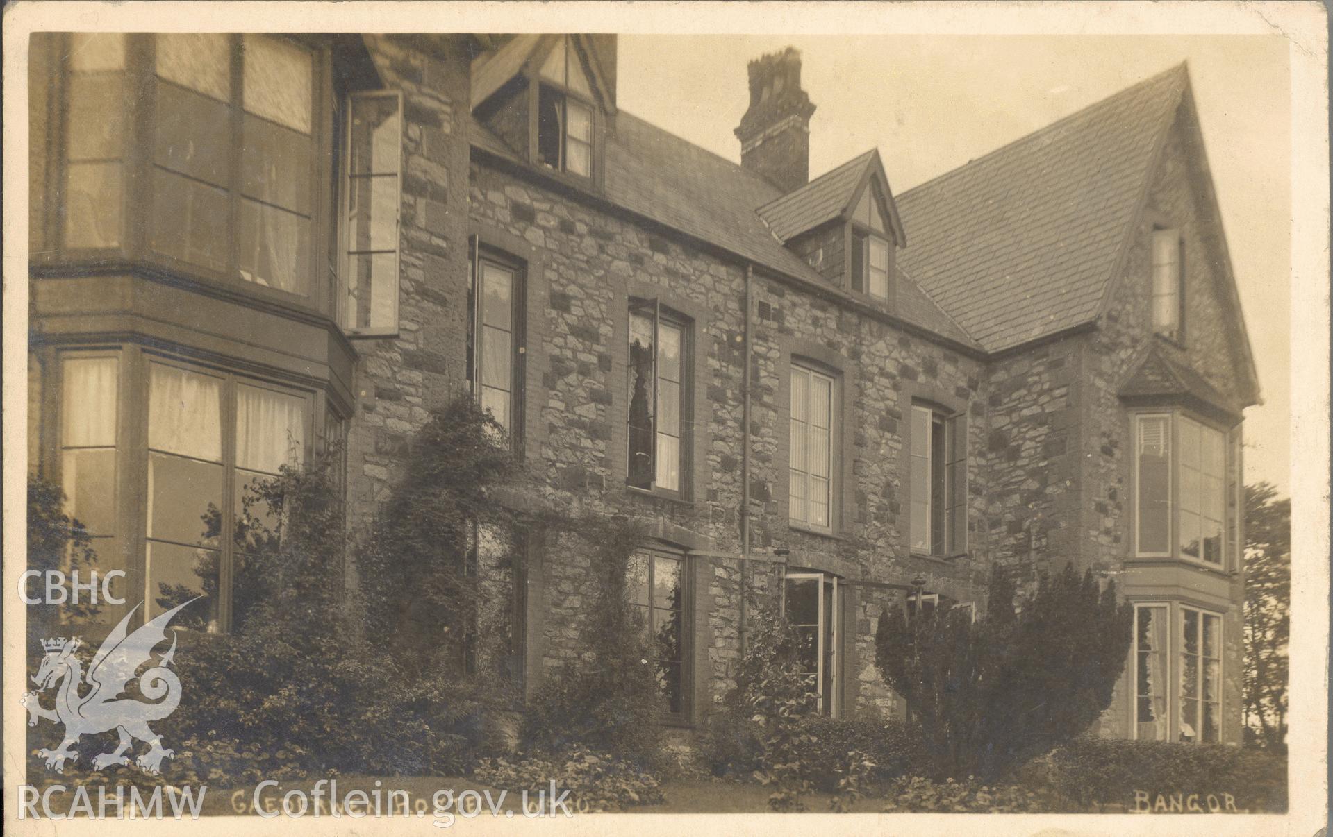 Digitised postcard image of Cae Derwen, Bangor, Wright & Co., Bootle. Produced by Parks and Gardens Data Services, from an original item in the Peter Davis Collection at Parks and Gardens UK. We hold only web-resolution images of this collection, suitable for viewing on screen and for research purposes only. We do not hold the original images, or publication quality scans.