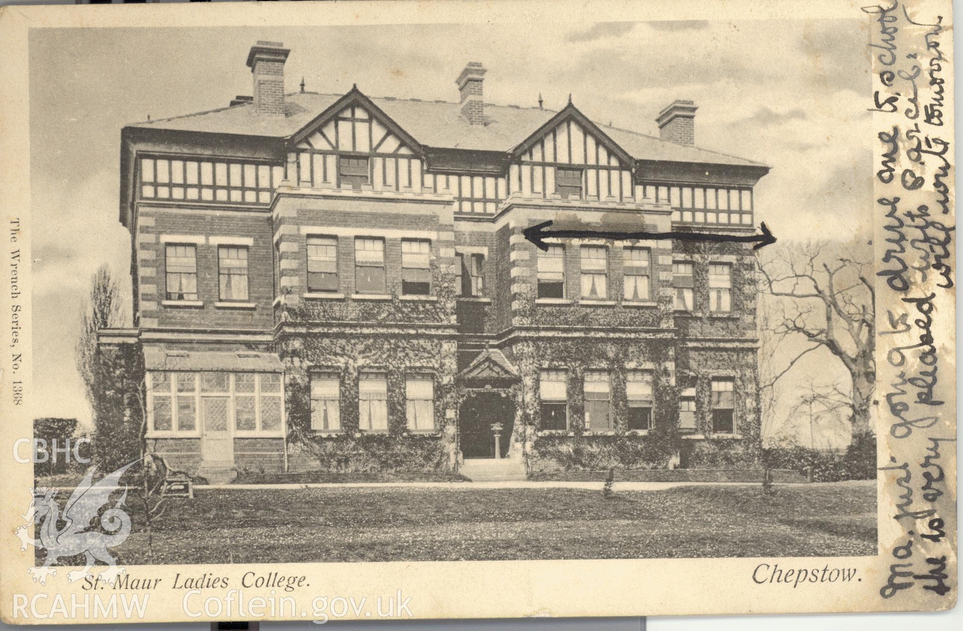 Digitised postcard image of St Maur House, Chepstow, the Wrench Series. Produced by Parks and Gardens Data Services, from an original item in the Peter Davis Collection at Parks and Gardens UK. We hold only web-resolution images of this collection, suitable for viewing on screen and for research purposes only. We do not hold the original images, or publication quality scans.