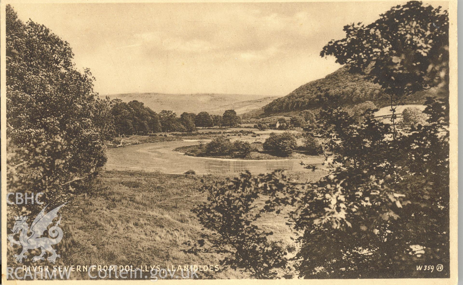 Digitised postcard image of view from Dol-Llys garden, Llanidloes, Valentine's "Selectype" Series. Produced by Parks and Gardens Data Services, from an original item in the Peter Davis Collection at Parks and Gardens UK. We hold only web-resolution images of this collection, suitable for viewing on screen and for research purposes only. We do not hold the original images, or publication quality scans.