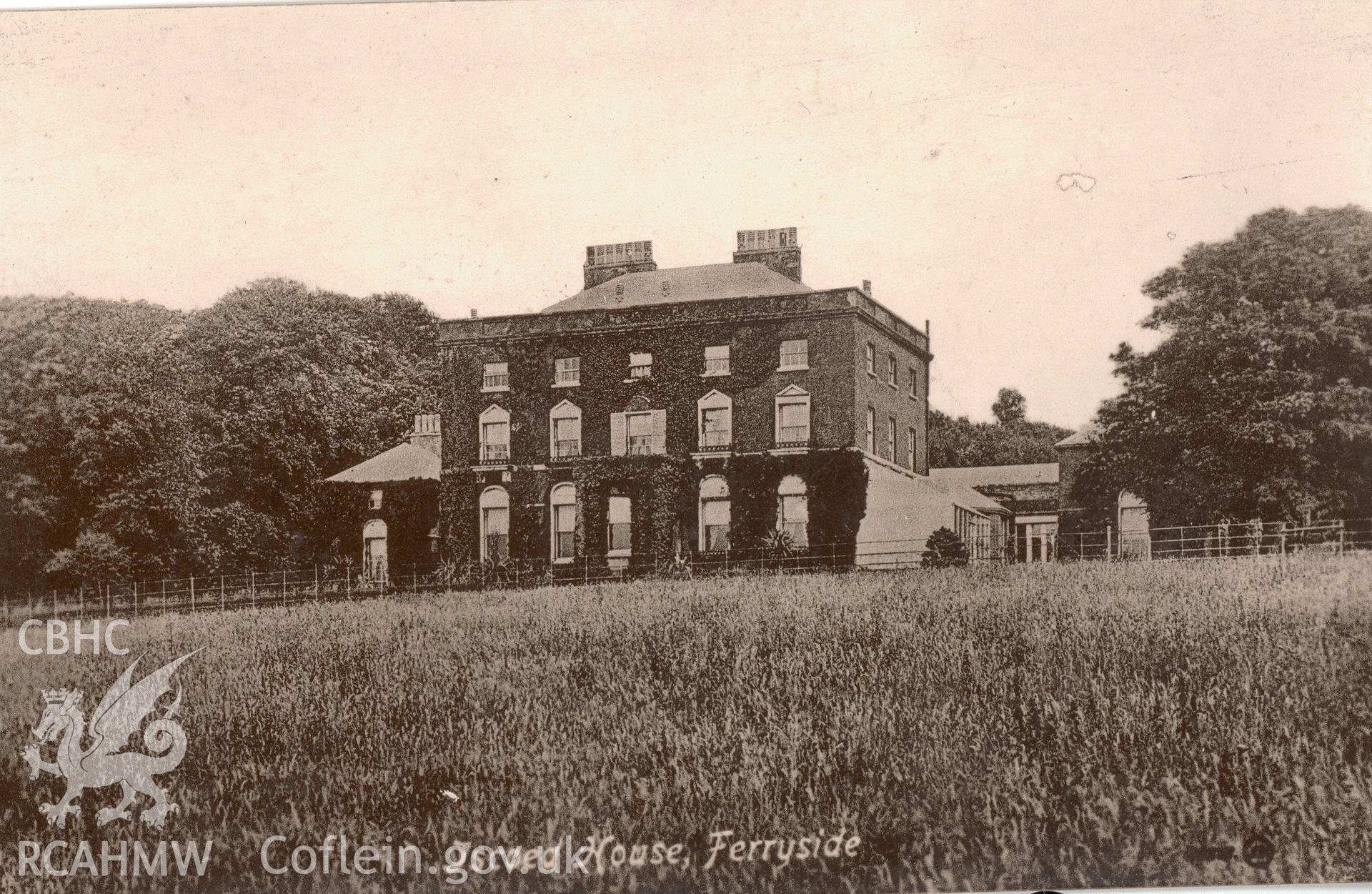 Digitised postcard image of Iscoed House, Ferryside, E Davies, Dorothy Caf?, Ferryside. Produced by Parks and Gardens Data Services, from an original item in the Peter Davis Collection at Parks and Gardens UK. We hold only web-resolution images of this collection, suitable for viewing on screen and for research purposes only. We do not hold the original images, or publication quality scans.