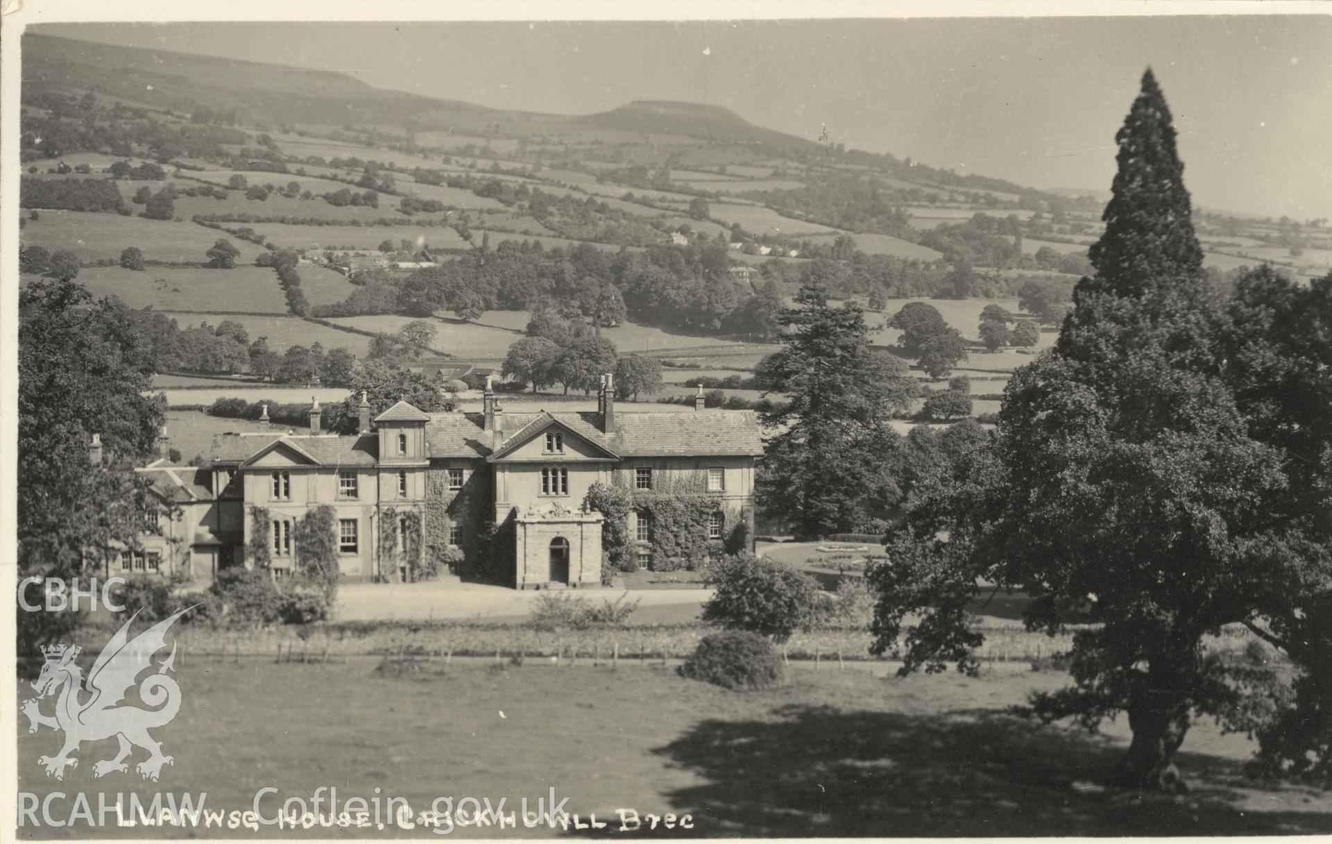 Digitised postcard image of Llanwysg House, Llangattock. Produced by Parks and Gardens Data Services, from an original item in the Peter Davis Collection at Parks and Gardens UK. We hold only web-resolution images of this collection, suitable for viewing on screen and for research purposes only. We do not hold the original images, or publication quality scans.