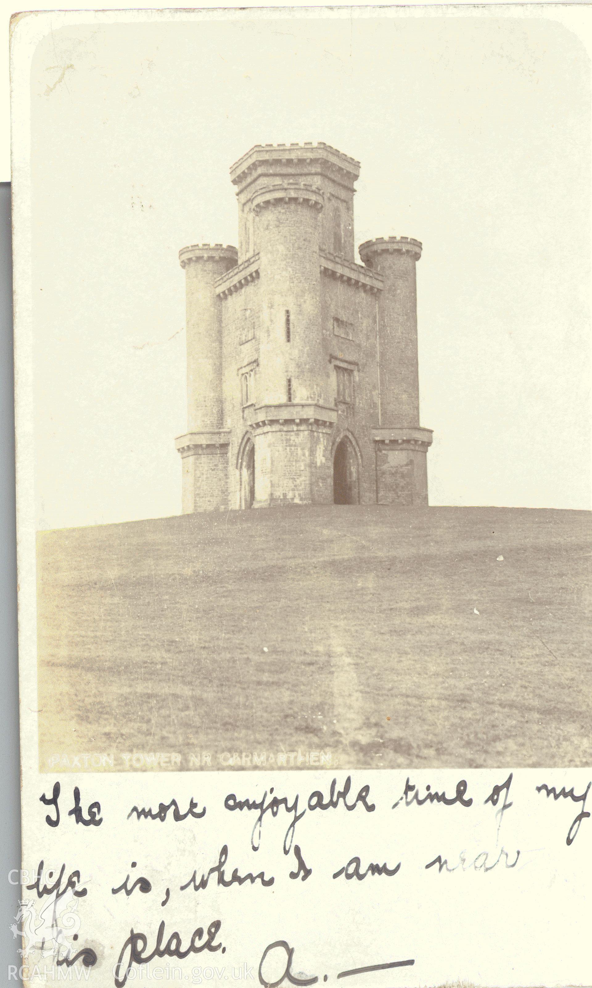 Digitised postcard image of Paxton's Tower, Llanarthney, The Excelsior Photo Co. Ltd , Carmarthen. Produced by Parks and Gardens Data Services, from an original item in the Peter Davis Collection at Parks and Gardens UK. We hold only web-resolution images of this collection, suitable for viewing on screen and for research purposes only. We do not hold the original images, or publication quality scans.