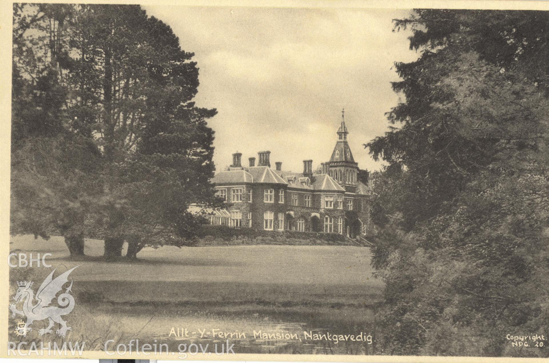 Digitised postcard image of Alltyferin House, Llanegwad, Raphael Tuck and Sons Ltd. Produced by Parks and Gardens Data Services, from an original item in the Peter Davis Collection at Parks and Gardens UK. We hold only web-resolution images of this collection, suitable for viewing on screen and for research purposes only. We do not hold the original images, or publication quality scans.