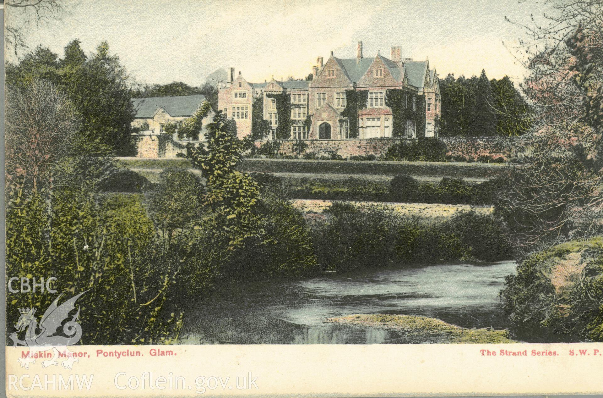 Digitised postcard image of Miskin Manor, Pontyclun, The Strand Series S.W.P. Produced by Parks and Gardens Data Services, from an original item in the Peter Davis Collection at Parks and Gardens UK. We hold only web-resolution images of this collection, suitable for viewing on screen and for research purposes only. We do not hold the original images, or publication quality scans.