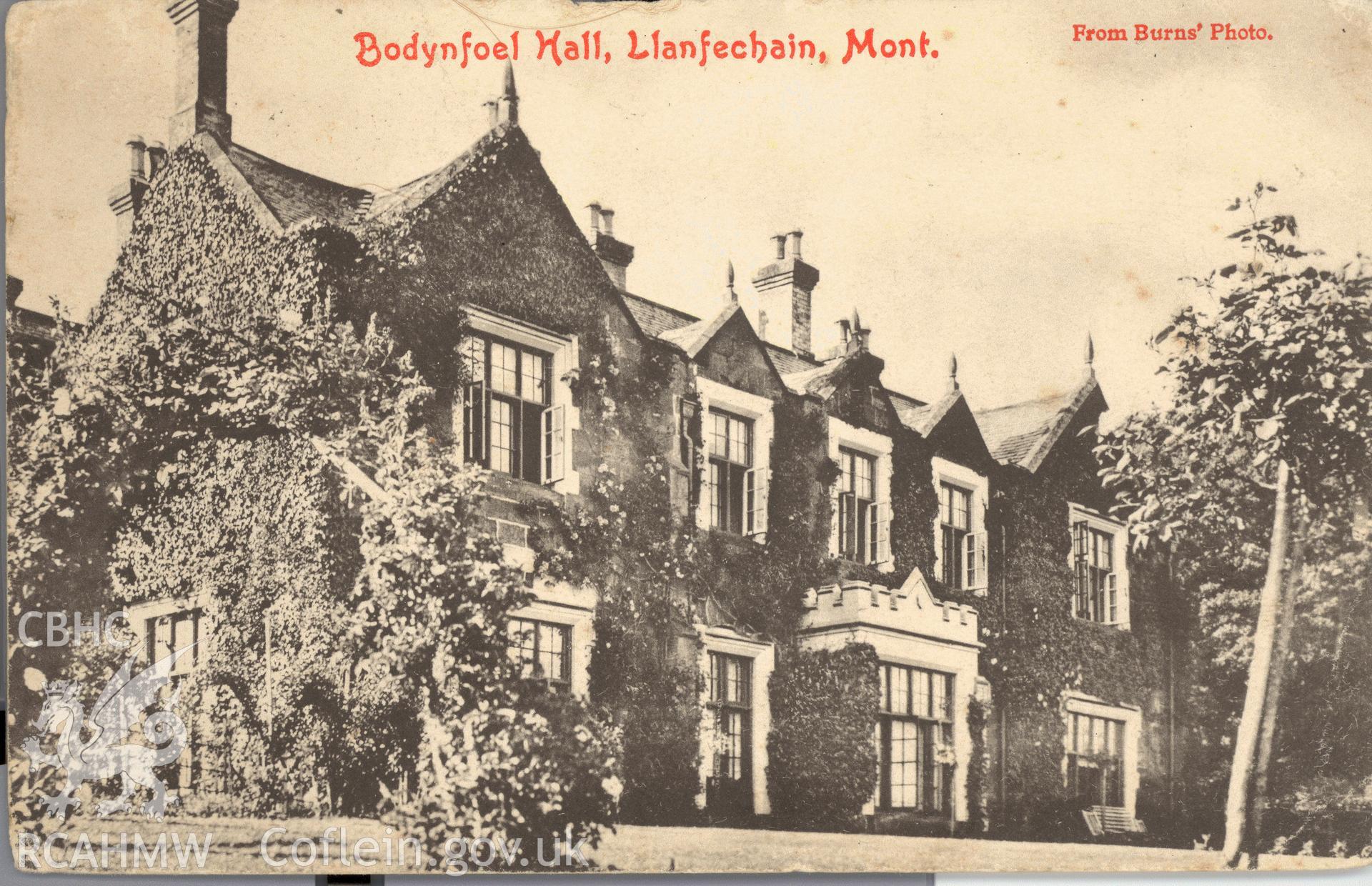 Digitised postcard image of Bodynfoel Hall, Llanfechain, D.P. Edwards. Produced by Parks and Gardens Data Services, from an original item in the Peter Davis Collection at Parks and Gardens UK. We hold only web-resolution images of this collection, suitable for viewing on screen and for research purposes only. We do not hold the original images, or publication quality scans.