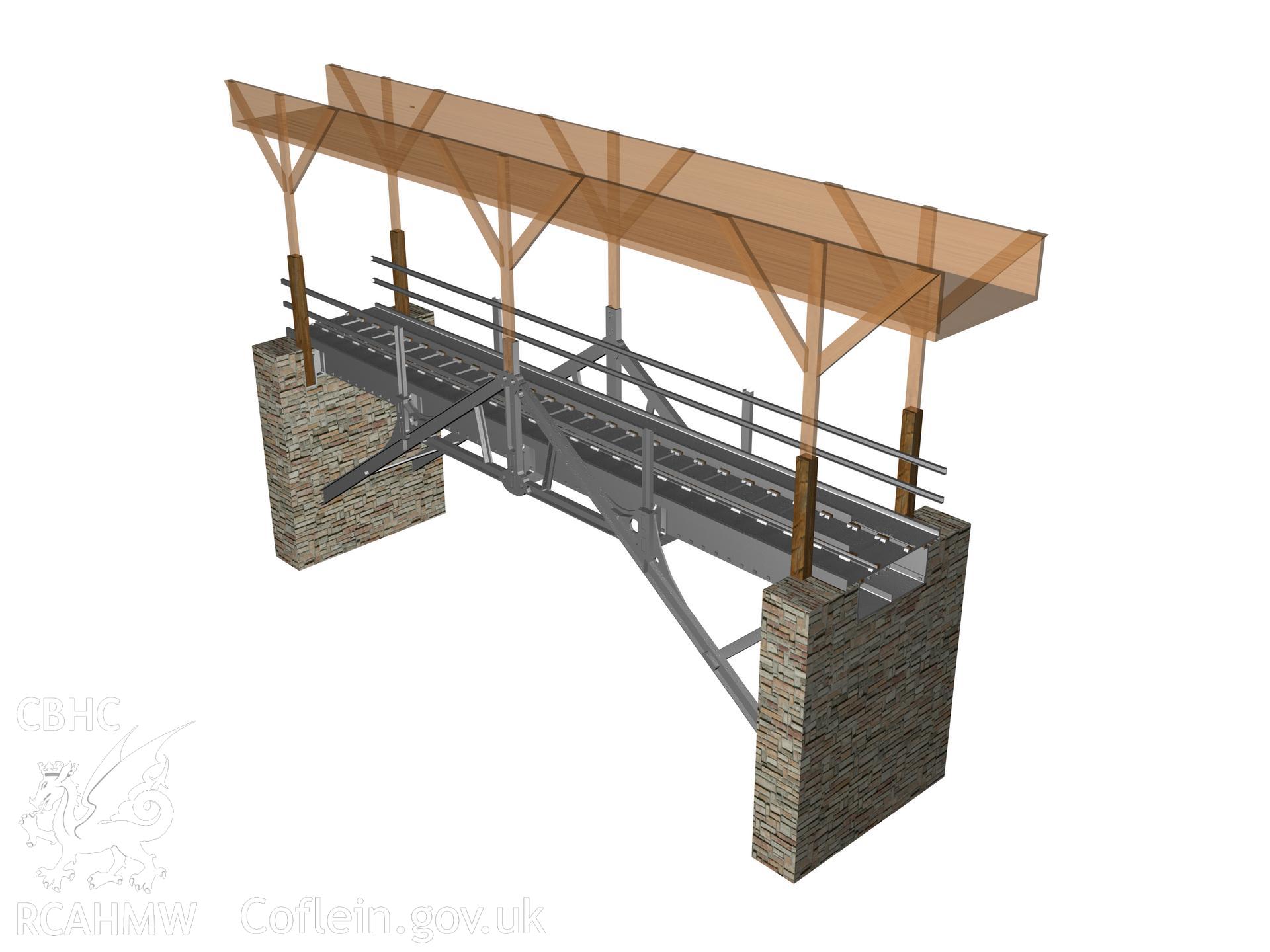 Rendered still in a south-east isometric view, taken from the 3D Studio Max model, from an RCAHMW digital survey, Pont y Cafnau Aqueduct, carried out by Susan Fielding, 04/10/2006.