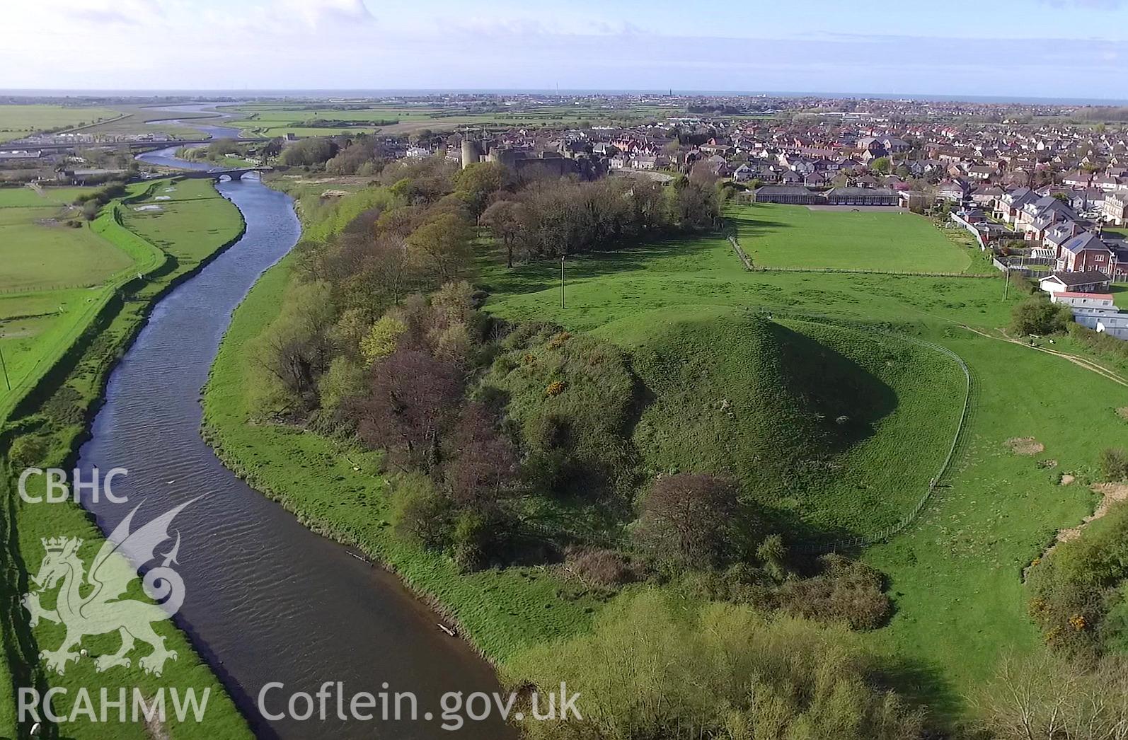 Colour photo showing Rhuddlan Castle, produced by Paul R. Davis,  May 2016.