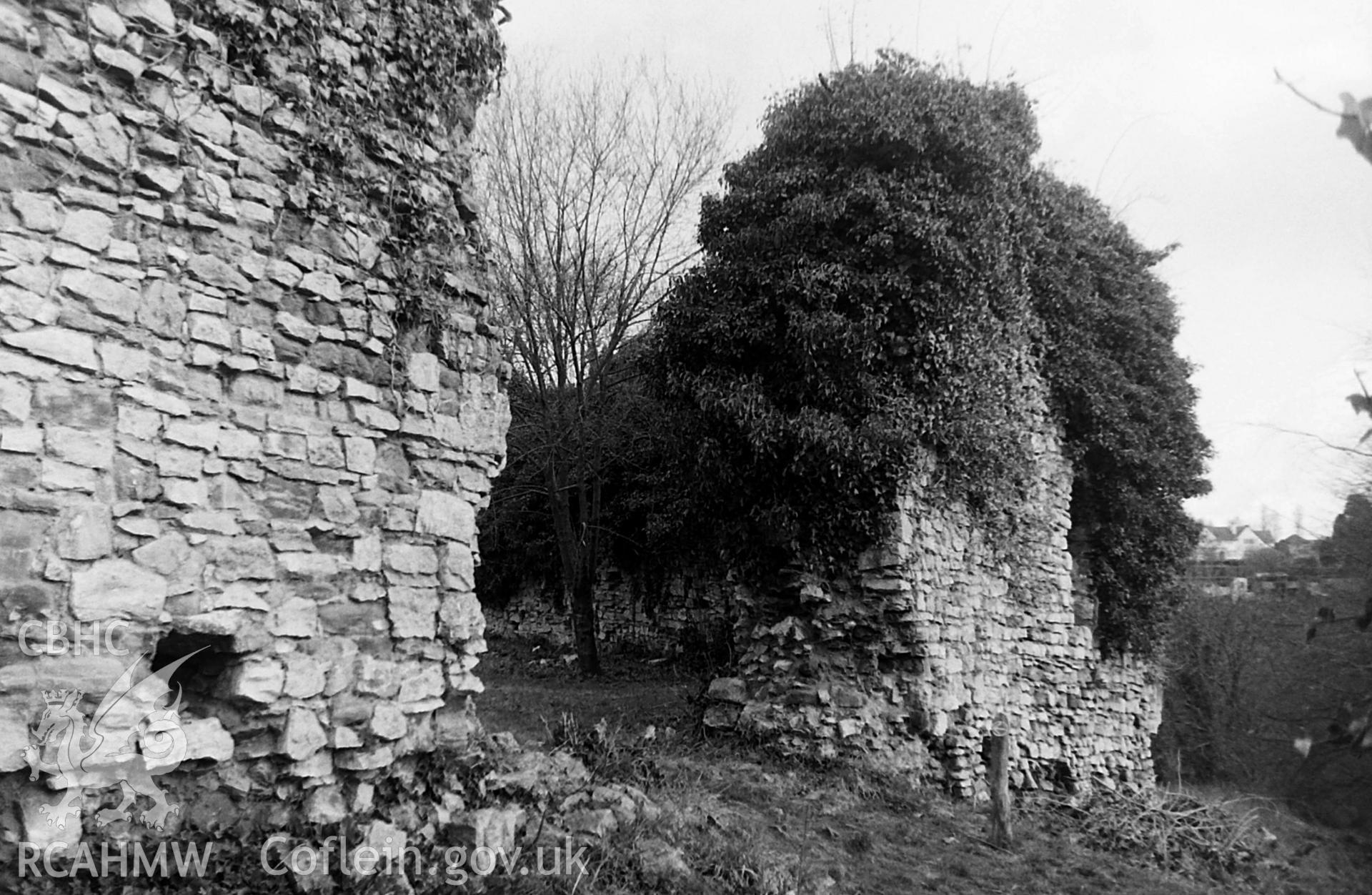 Black and white photo showing Dinas Powys Castle, taken by Paul R. Davis, 1986.