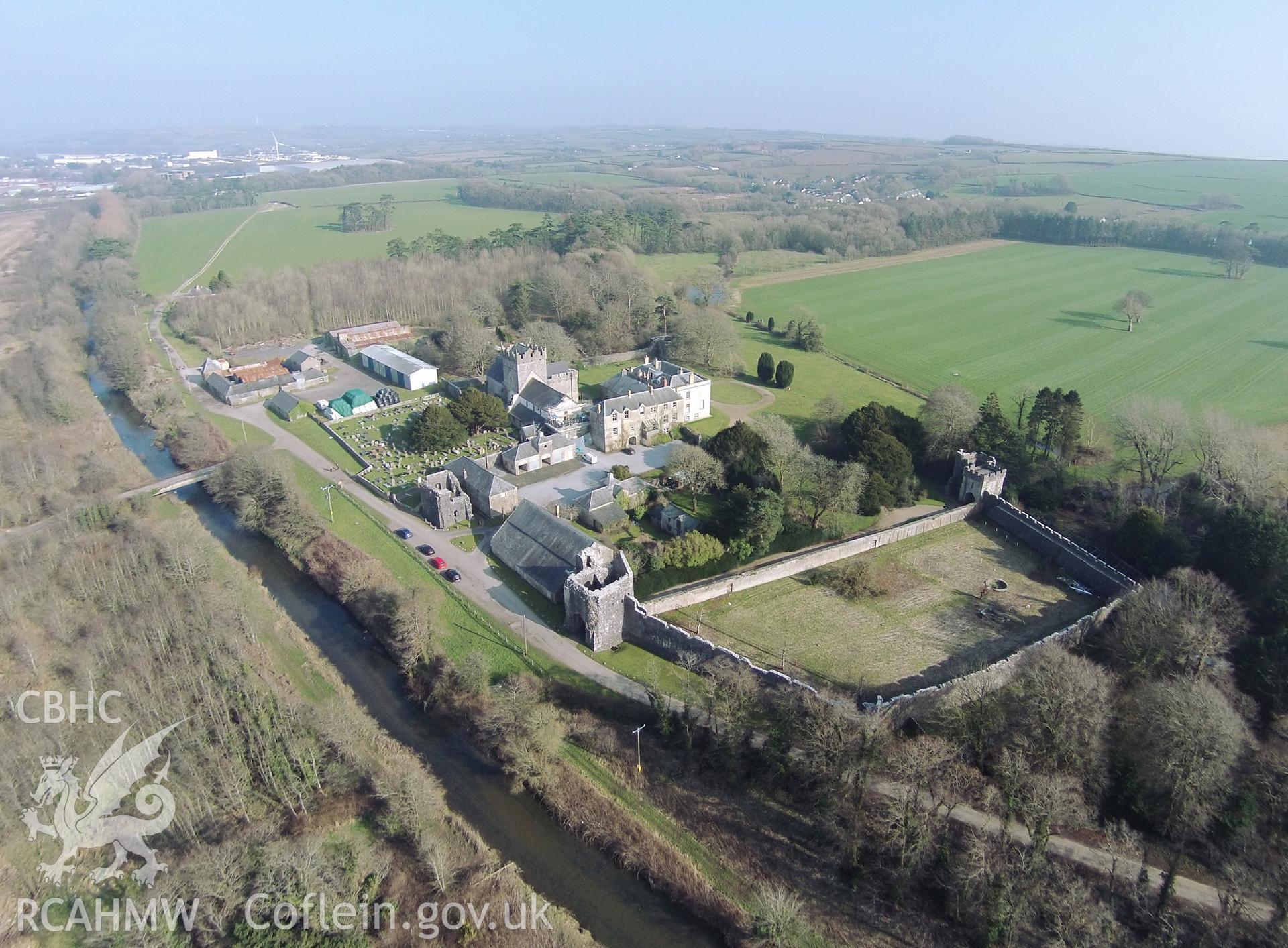 Colour aerial photo showing Ewenny Priory, taken by Paul R. Davis, 13th April 2016.