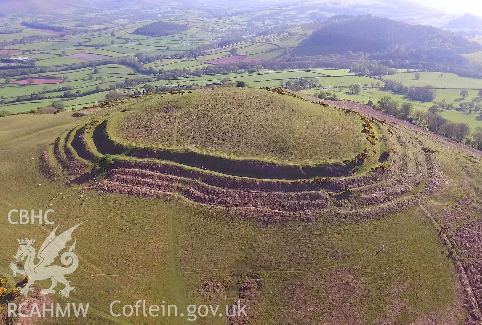 Colour photo showing Pen y Crug Hillfort, produced by Paul R. Davis,  May 2017.