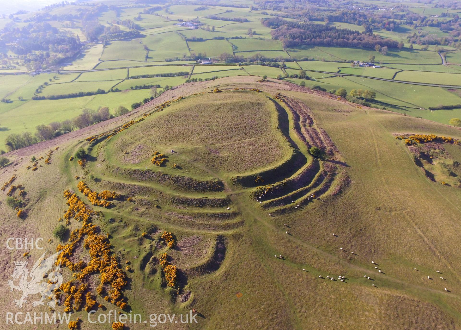 Colour photo showing Pen y Crug Hillfort, produced by Paul R. Davis,  7th May 2017.
