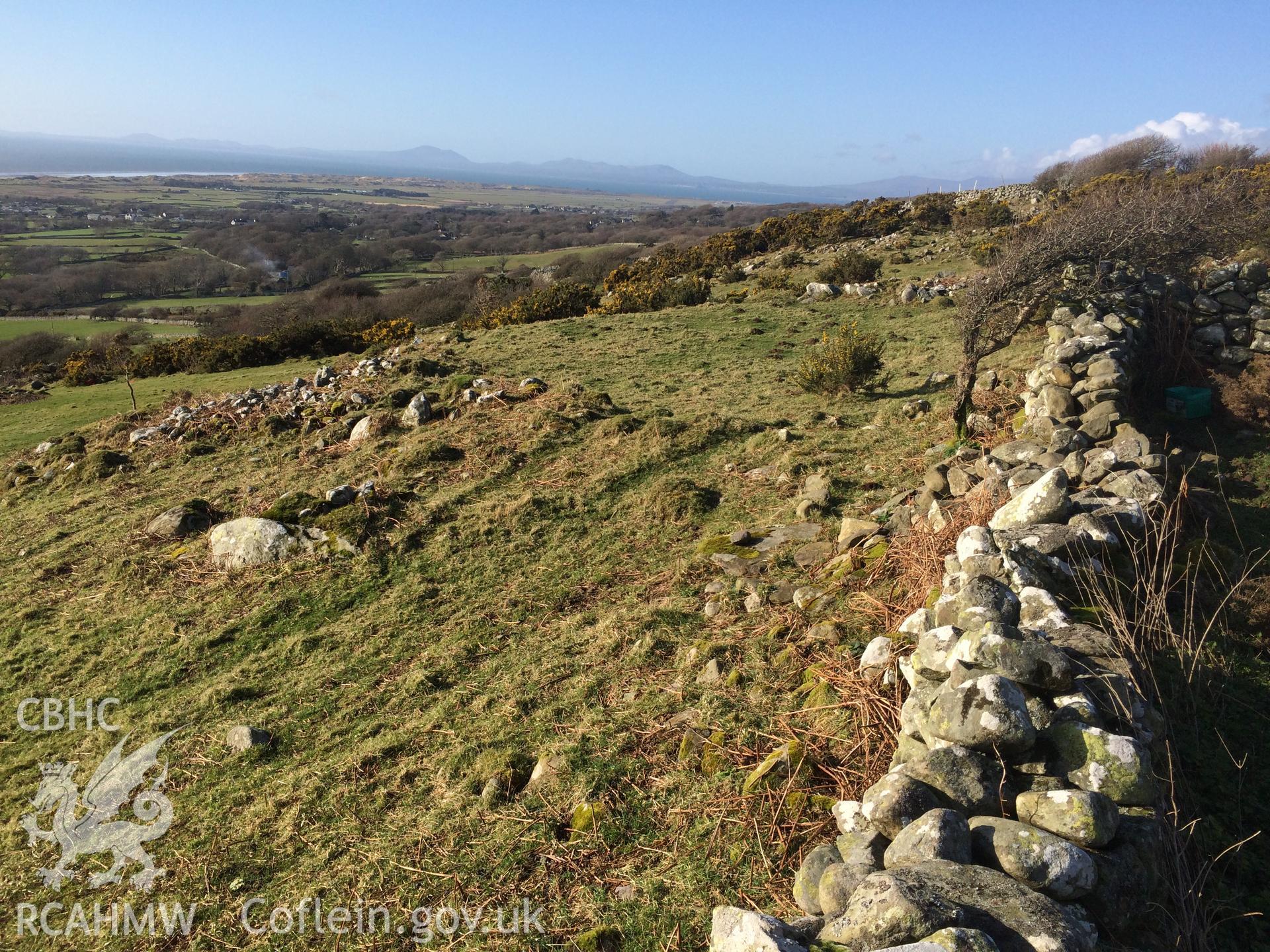 Colour photo showing circular enclosure at Hendre Eirian, produced by Paul R. Davis,  12th March 2017.