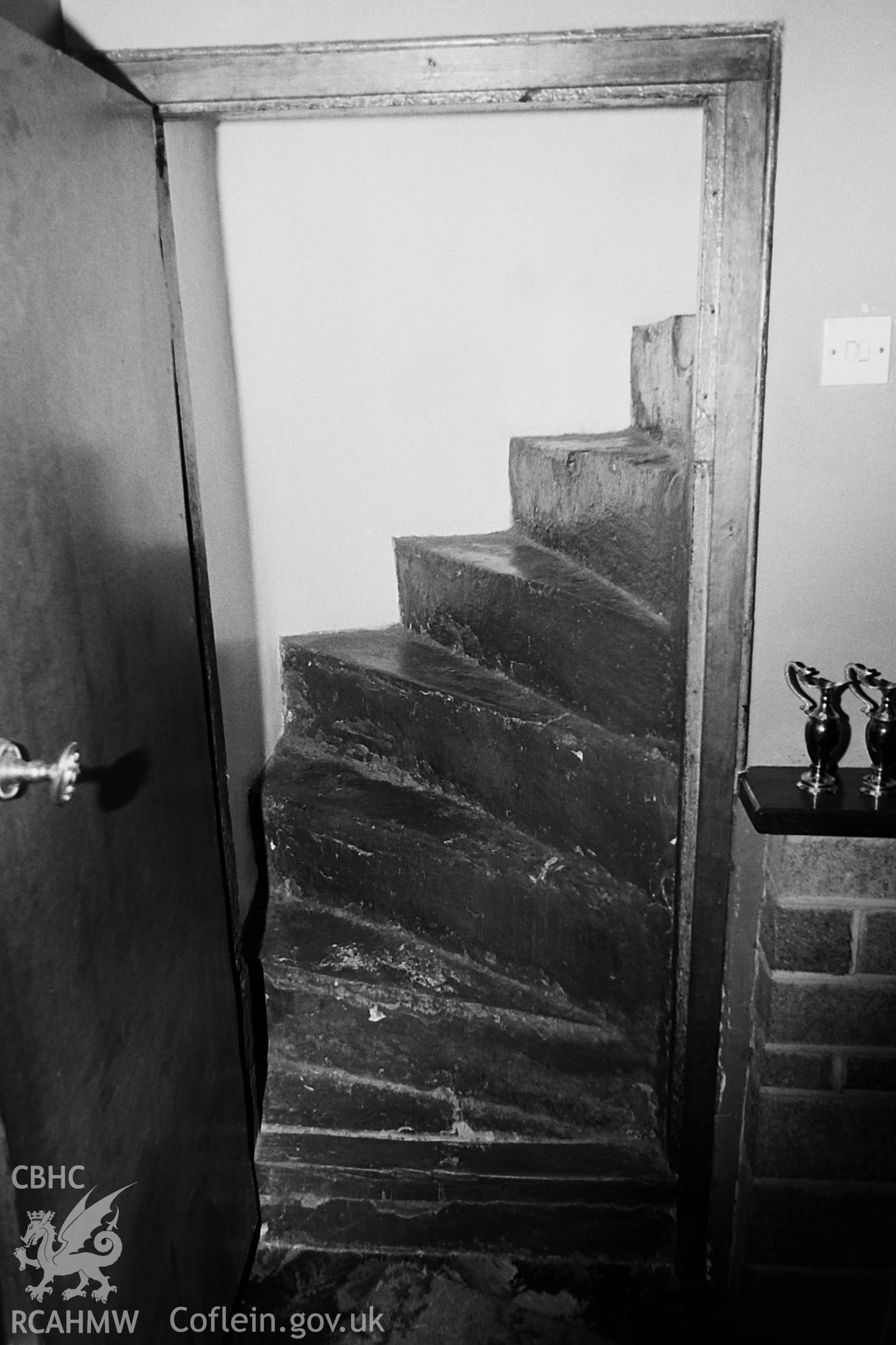 Black and white photo showing staircase at Ffynnon Dwym, taken by Paul R. Davis, 1984.