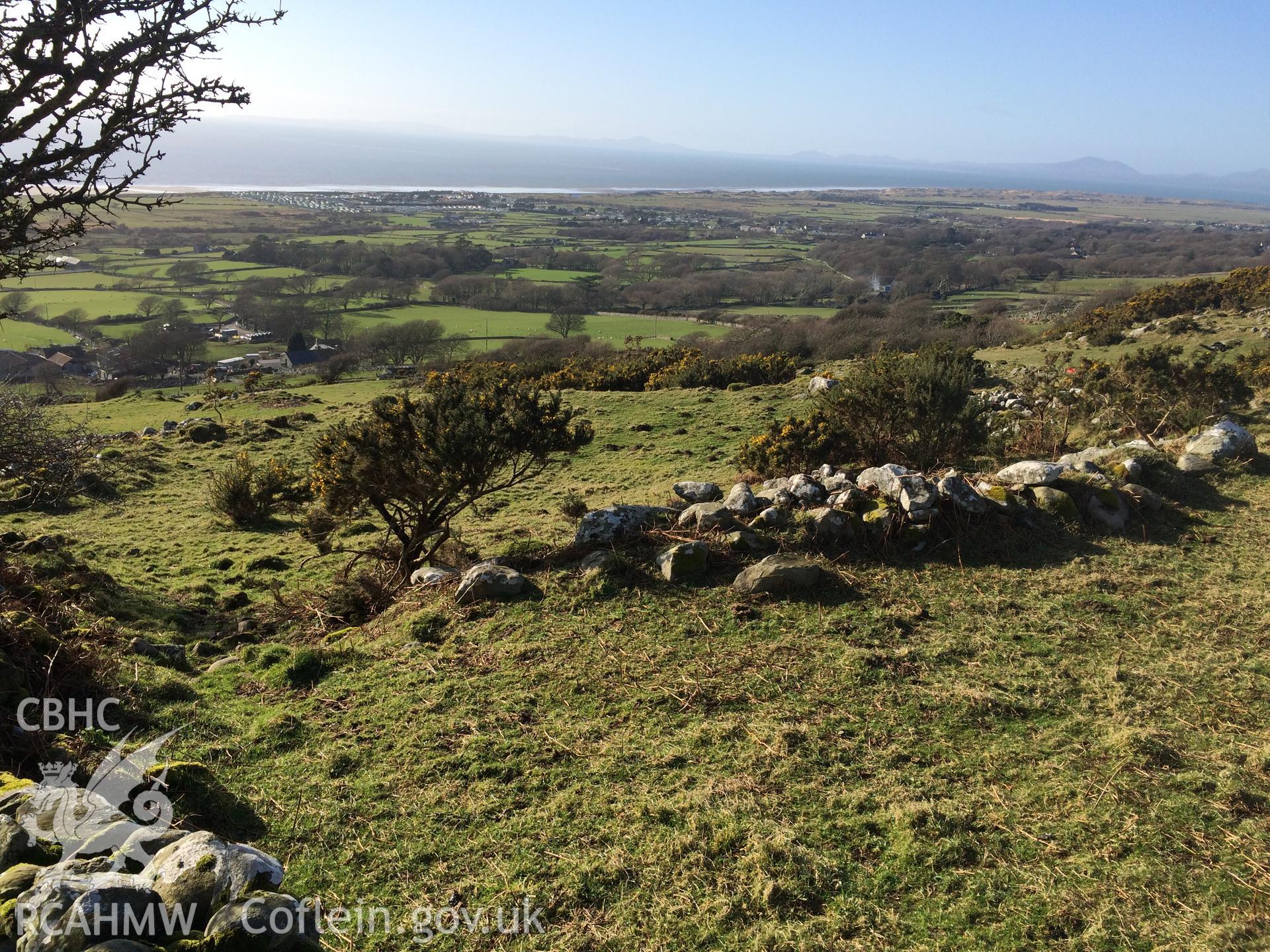 Colour photo showing circular enclosure at Hendre Eirian, produced by Paul R. Davis,  12th March 2017.