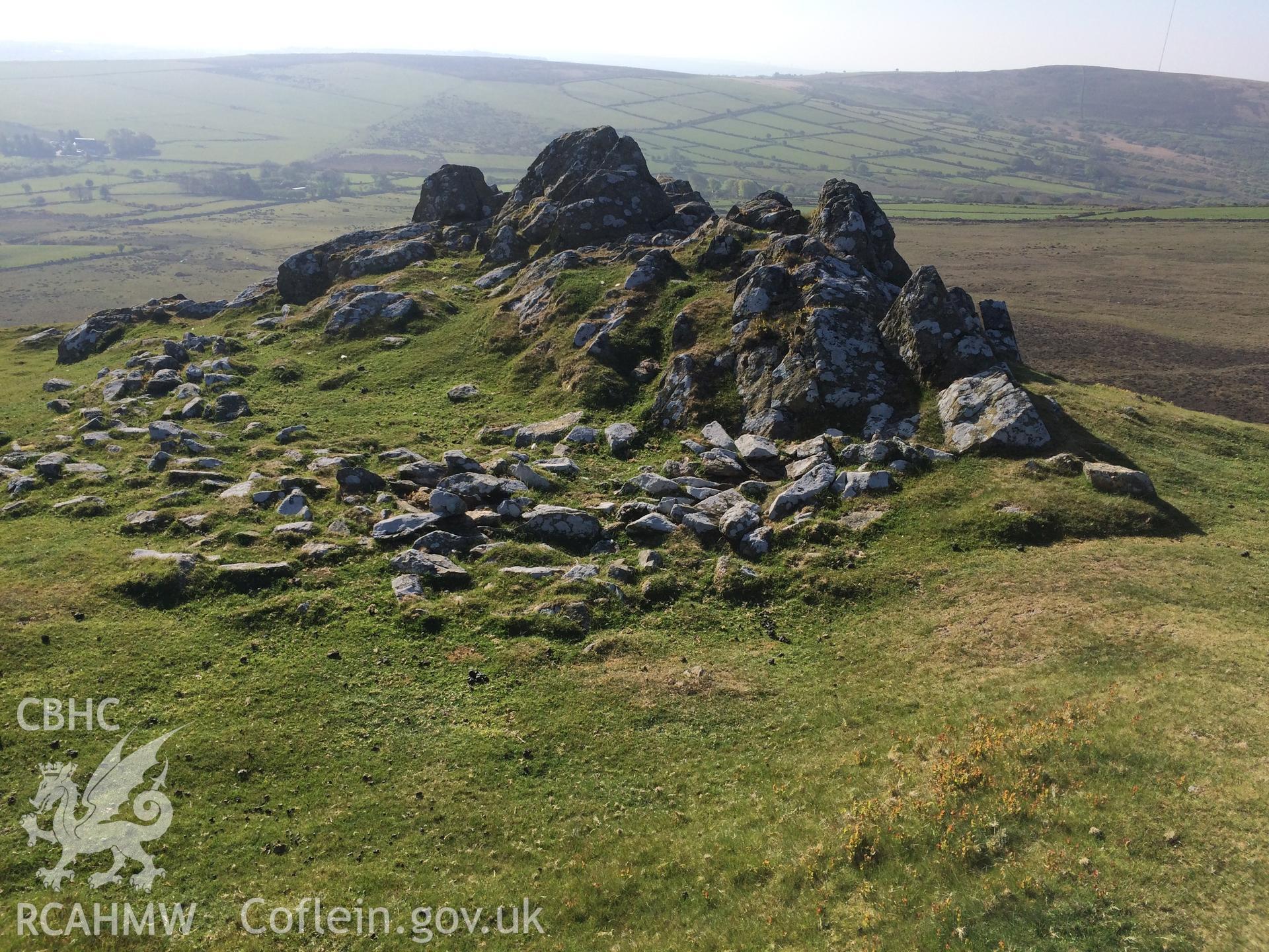 Colour photo showing hut at Foel Drygarn, produced by Paul R. Davis,  9th May 2017.