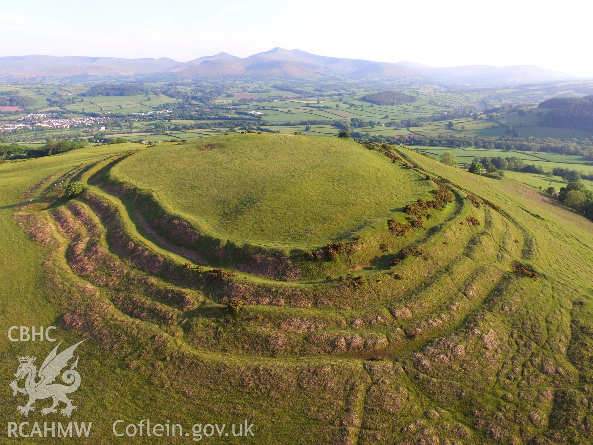 Colour aerial photo showing Pen y Crug, taken by Paul R. Davis,  29th May 2016.