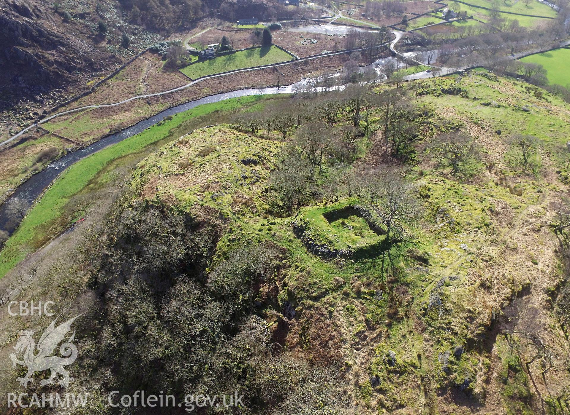Colour photo showing Dinas Emrys Castle, produced by Paul R. Davis, 15th March 2017.