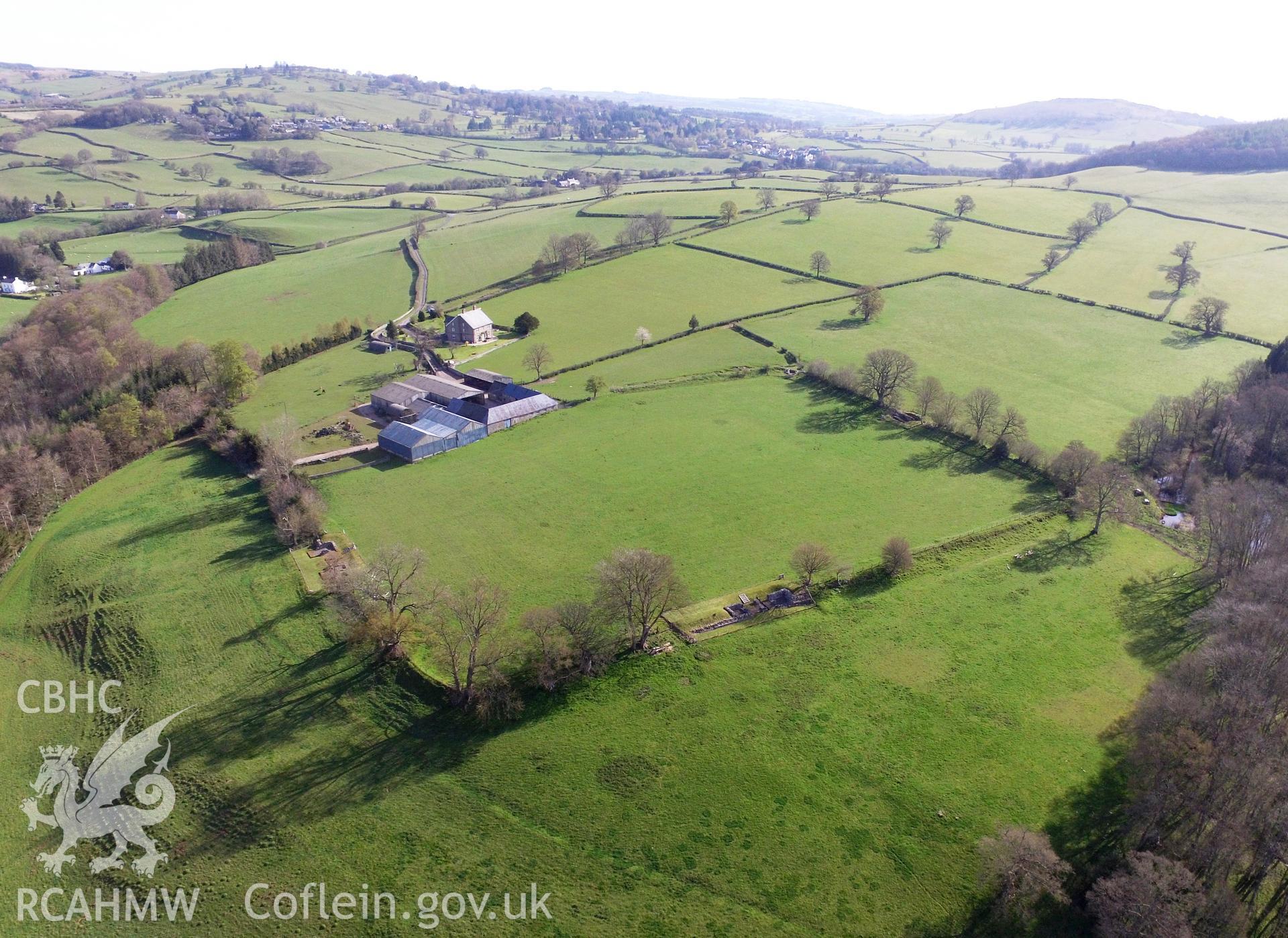 Colour aerial photo showing Brecon Gaer Roman Fort, taken by Paul R. Davis, 5th May 2016.
