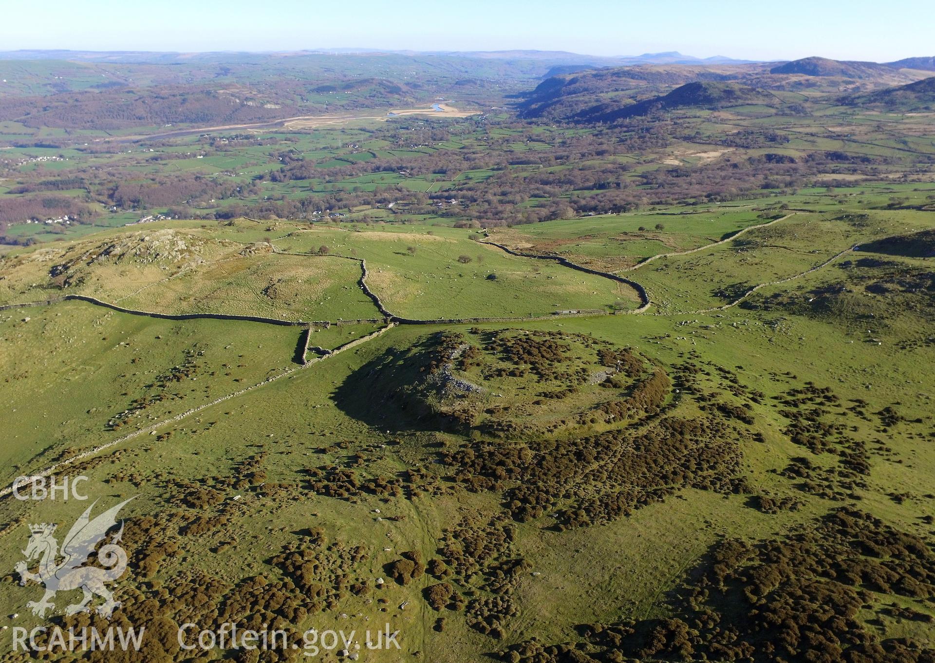 Colour photo showing Caer Bach Hillfort,  produced by Paul R. Davis, 8th April 2017.