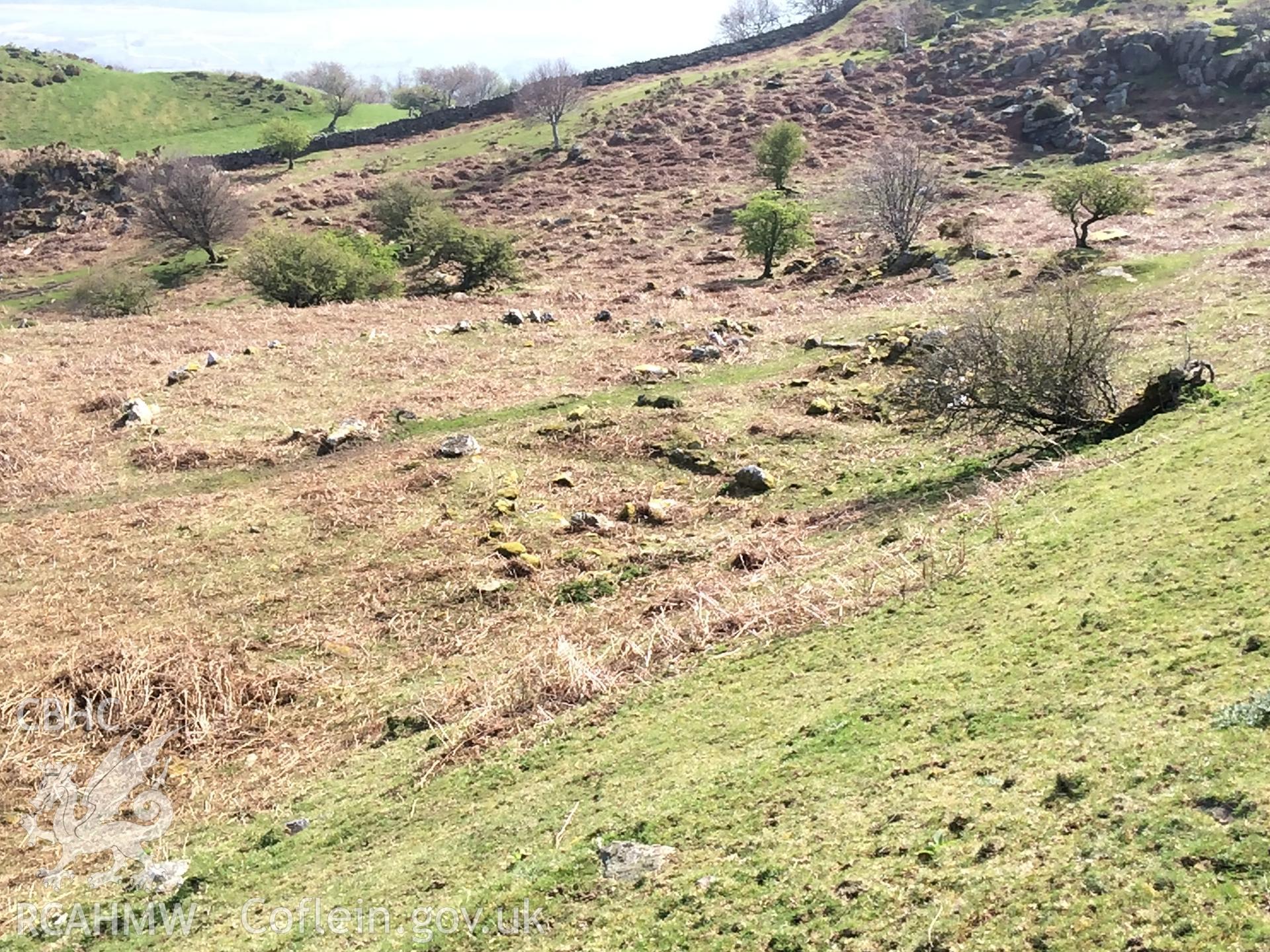 Colour photo showing long huts at Pen y Gaer, produced by Paul R. Davis,  19th April 2017.
