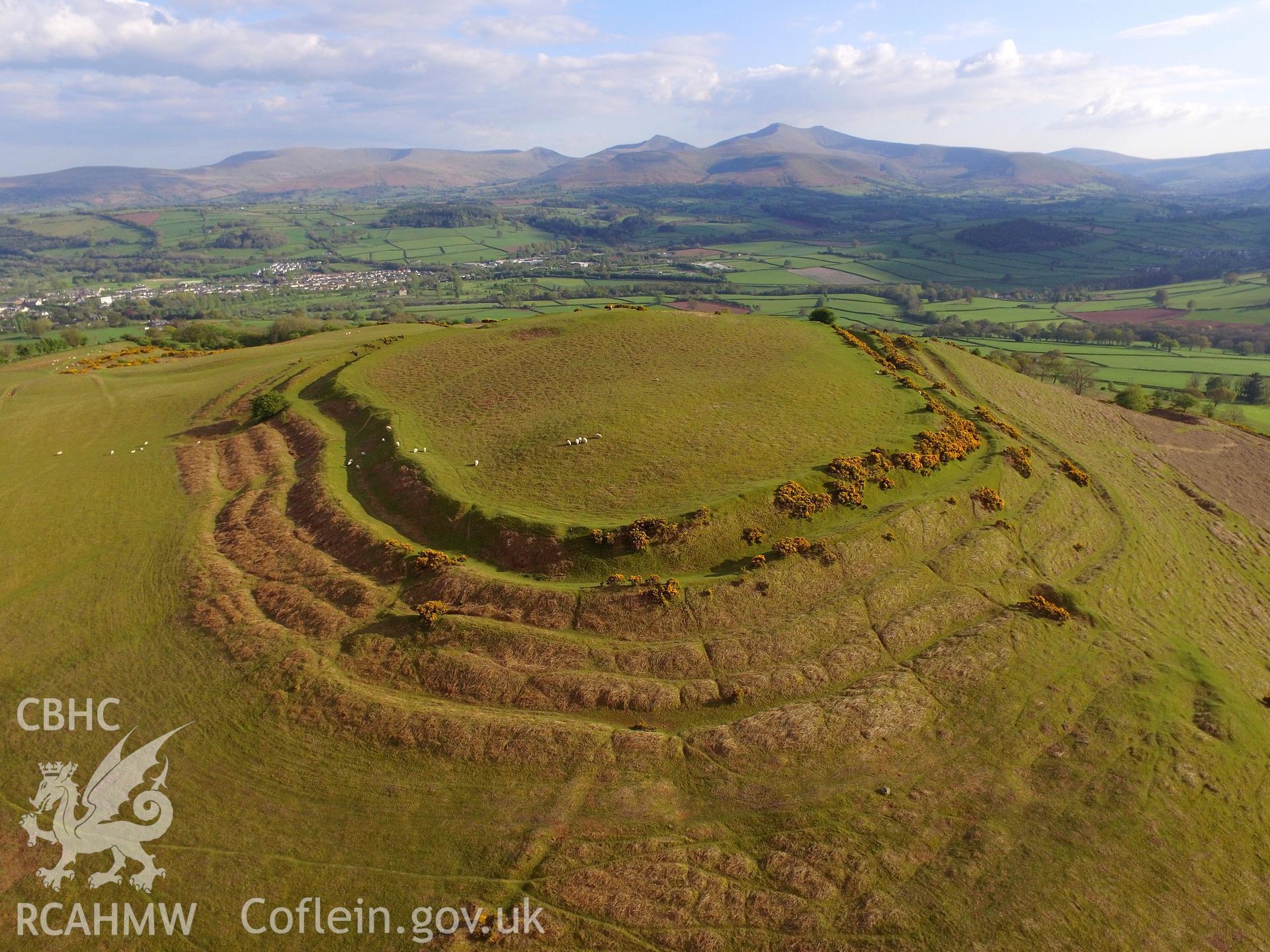 Colour photo showing Pen y Crug Hillfort, produced by Paul R. Davis,  7th May 2017.