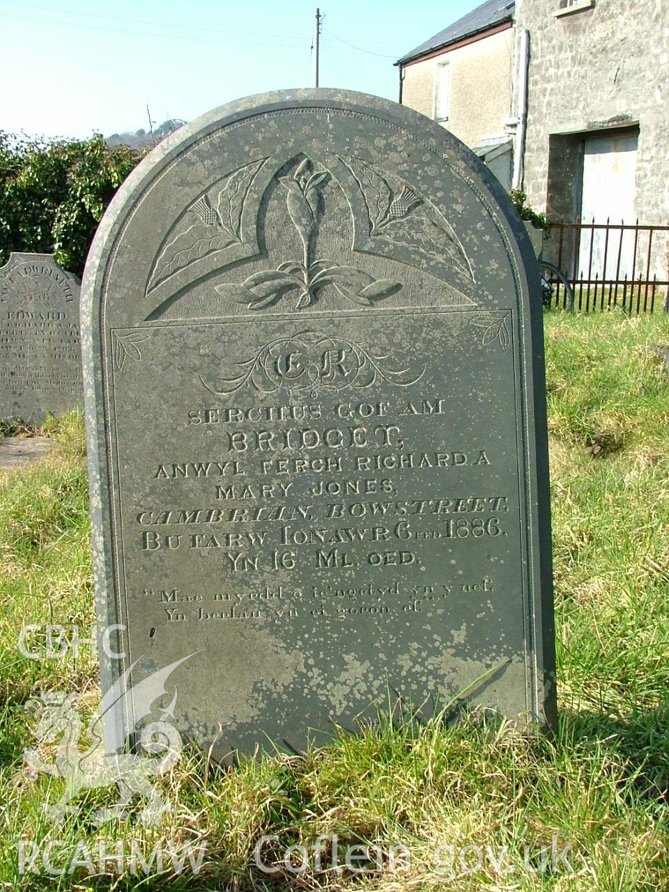 Gravestone erected to Bridget Jones, row 6 in Ty'r Abbey Graveyard, taken by Peter Henley, 2003.