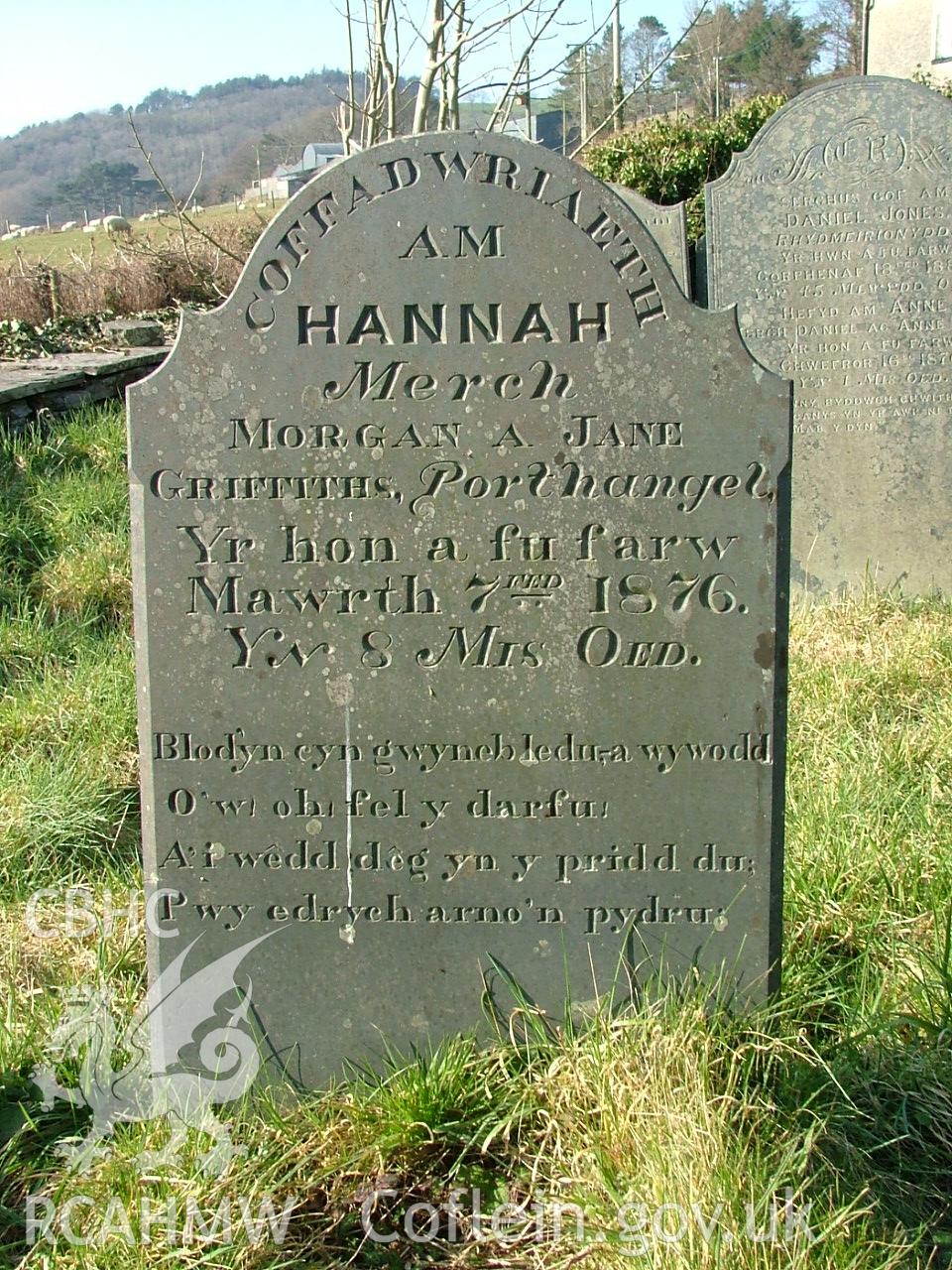 Gravestone erected to Hannah Griffiths, row 4 in Ty'r Abbey Graveyard, taken by Peter Henley, 2003.