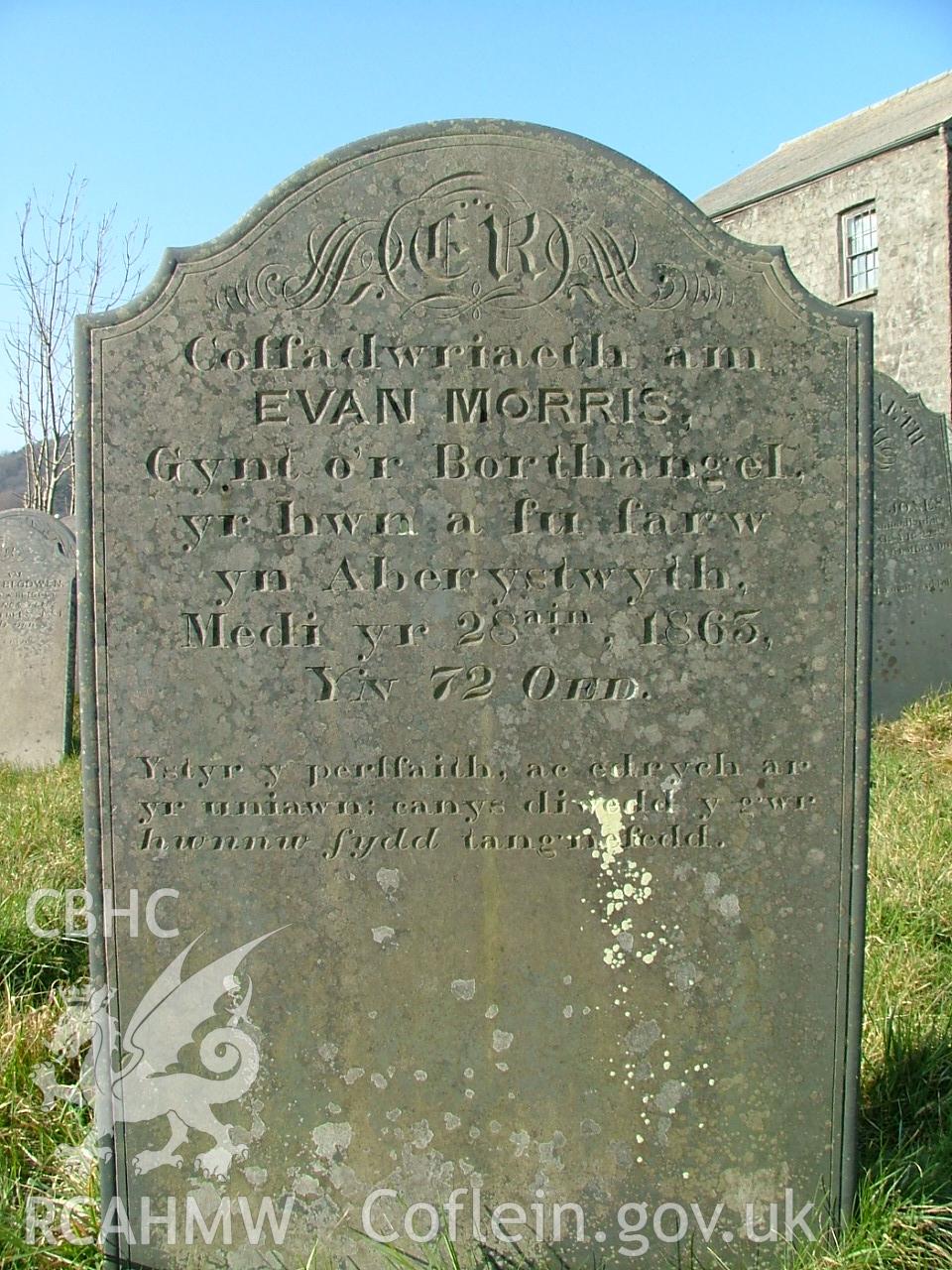 Gravestone erected to Evan Morris Rhys, row 2 in Ty'r Abbey Graveyard, taken by Peter Henley, 2003.