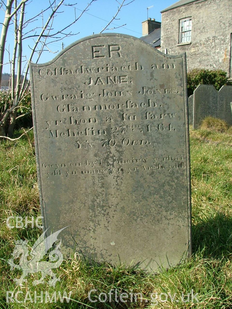 Gravestone erected to Jane Jones, row 6 in Ty'r Abbey Graveyard, taken by Peter Henley, 2003.