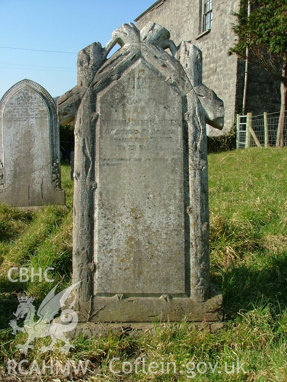 Gravestone erected to William James Jones, row 6 in Ty'r Abbey Graveyard, taken by Peter Henley, 2003.