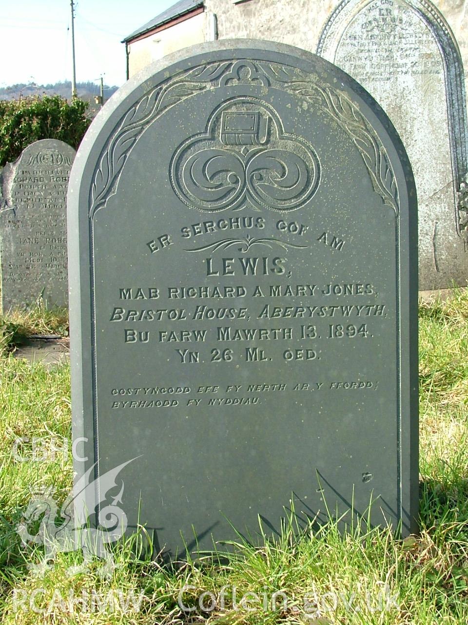 Gravestone erected to Lewis Jones, row 6 in Ty'r Abbey Graveyard, taken by Peter Henley, 2003.