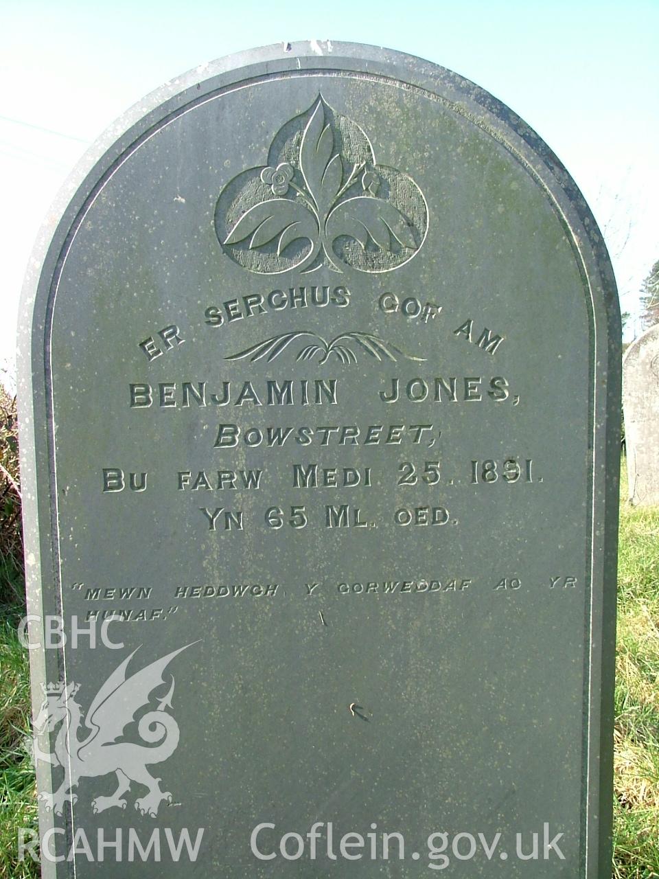 Gravestone erected to Benjamin Jones, row 1 in Ty'r Abbey Graveyard, taken by Peter Henley, 2003.