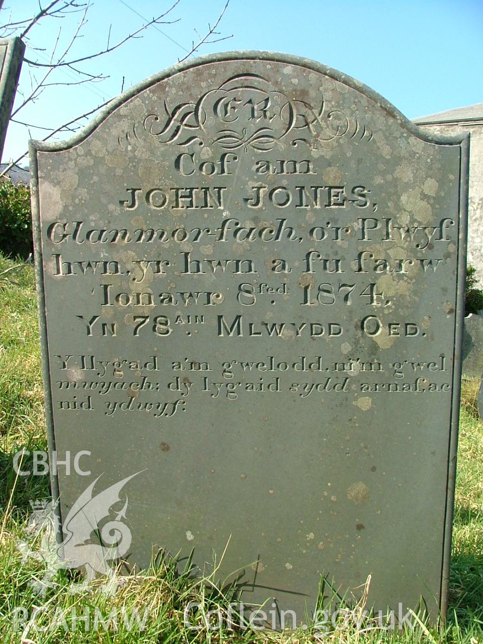 Gravestone erected to John Jones, row 6 in Ty'r Abbey Graveyard, taken by Peter Henley, 2003.