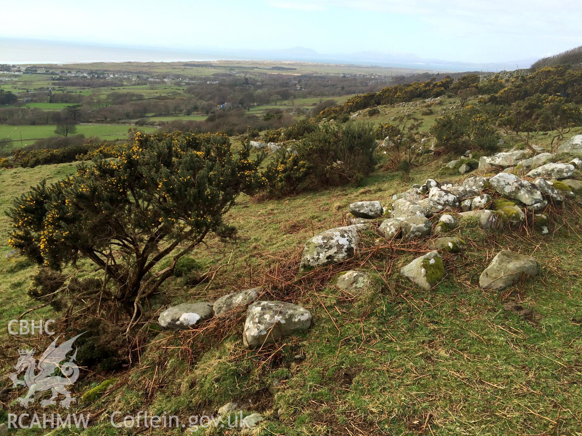 Colour photo showing circular enclosure at Hendre Eirian, produced by Paul R. Davis,  12th March 2017.