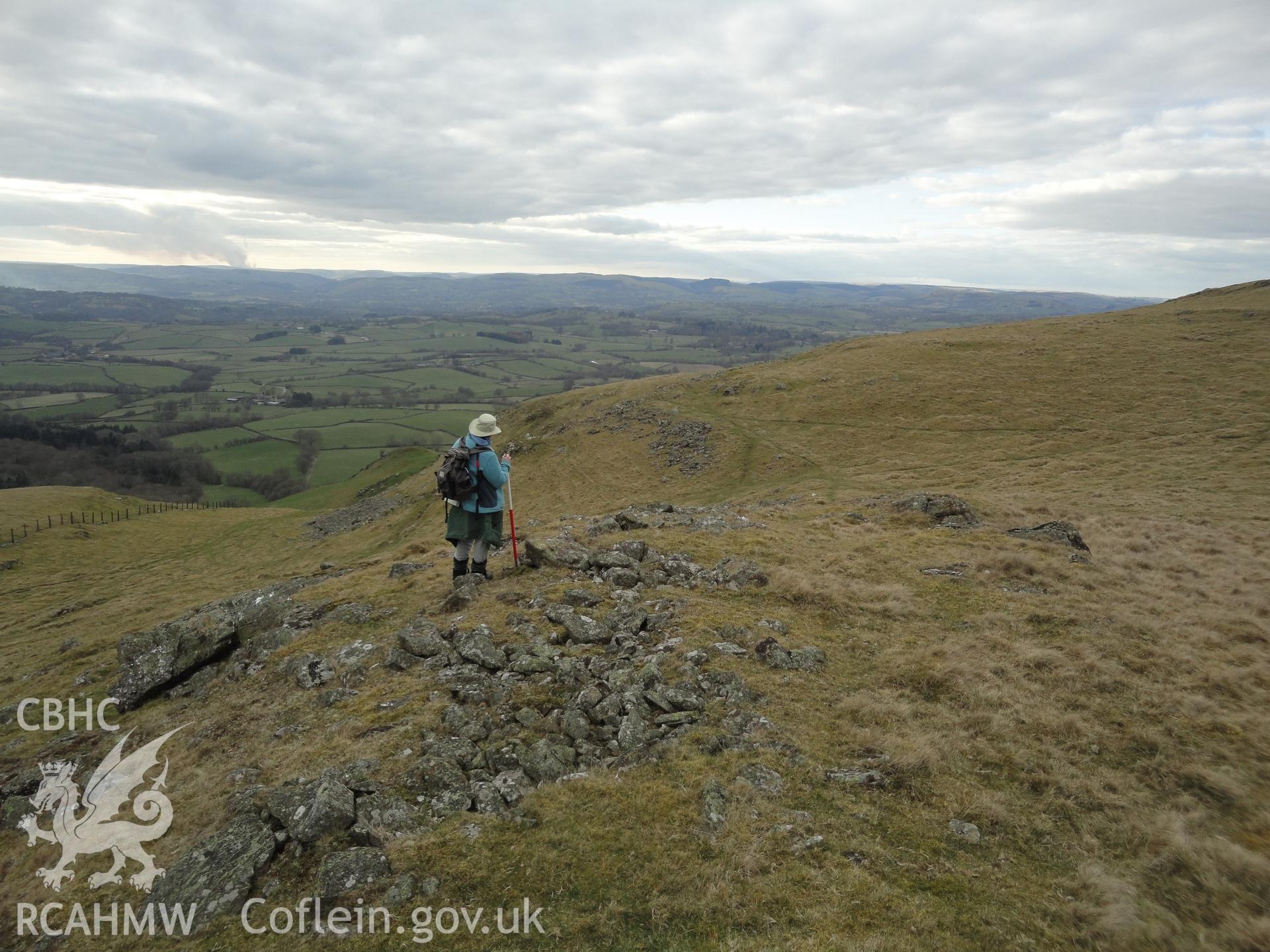 Line of bank or rampart on the southwest side of the hillfort, looking northwest
