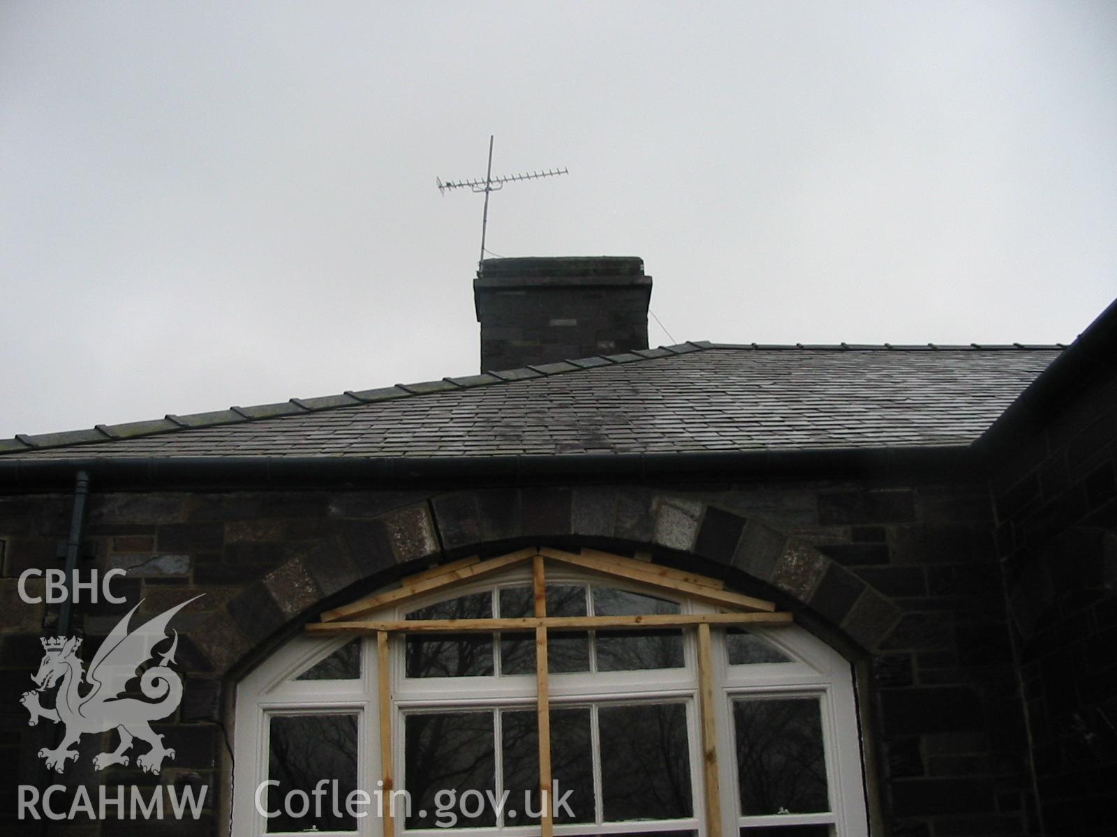 Digital colour photograph showing an exterior view of a window at the Penrhyn Quarry Offices.