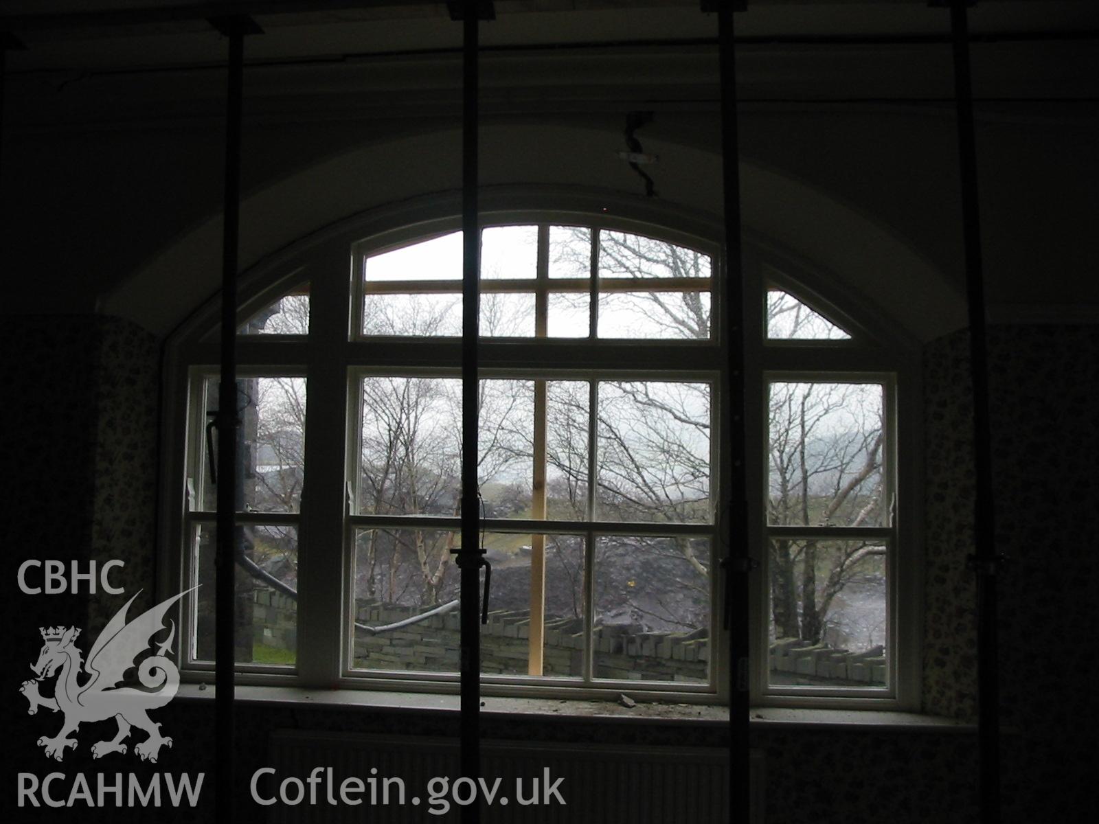 Digital colour photograph showing an interior view of a window at the Penrhyn Quarry Offices.