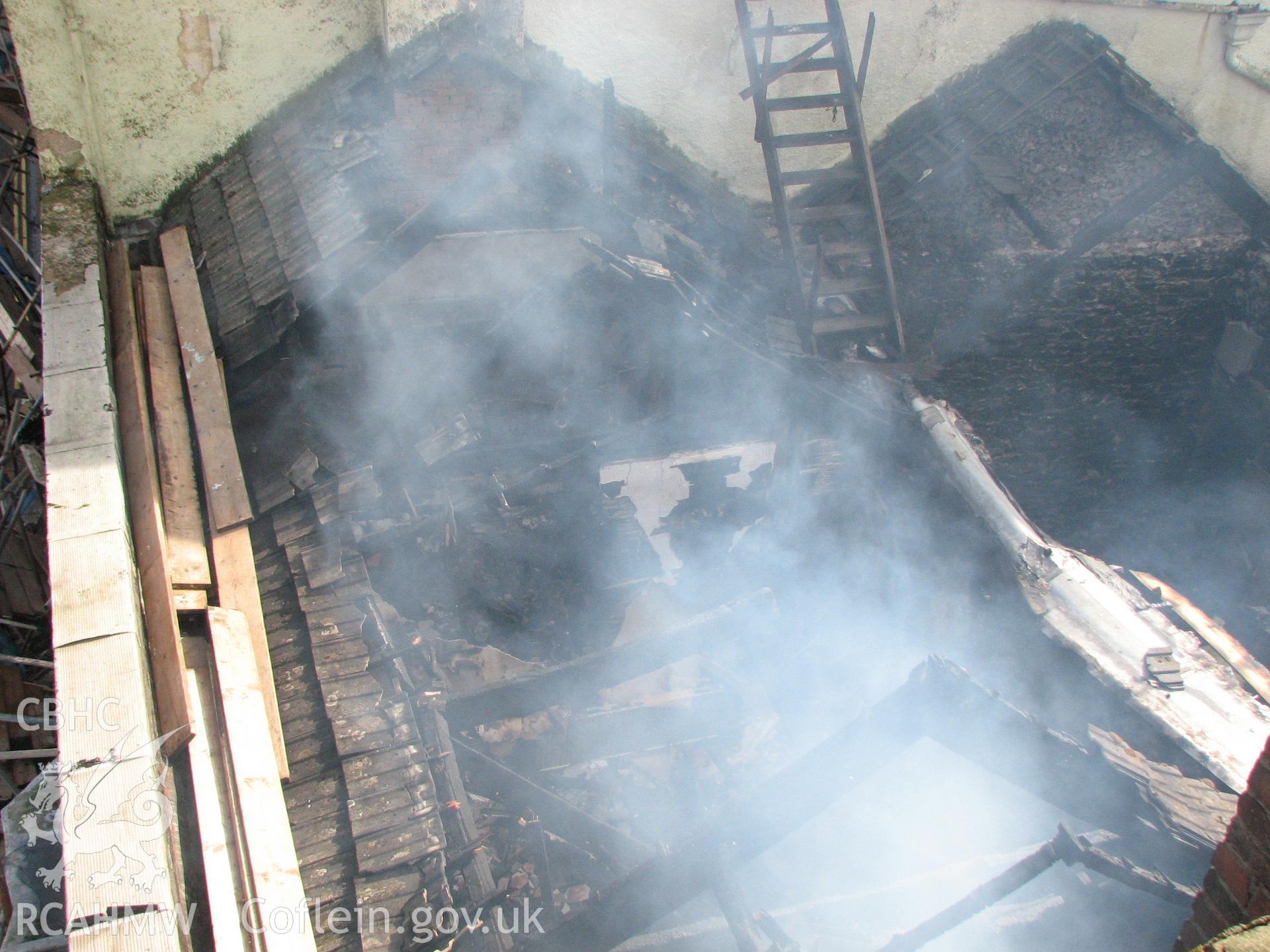 Colour digital photograph showing the damage caused by fire to the exterior of the Royal Gatehouse Hotel.