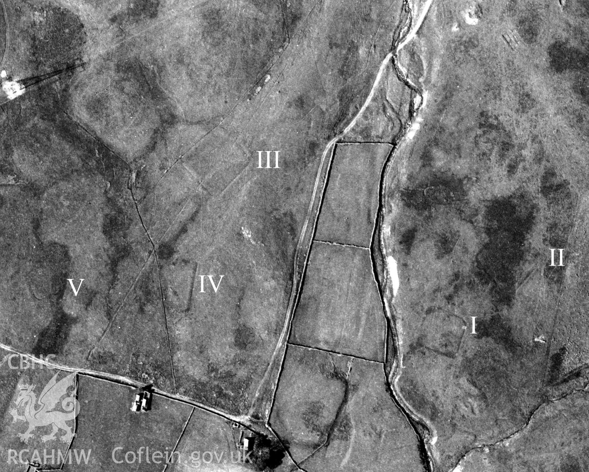Figure 30: Digital image showing vertical aerial view of the five practice camps at Dolddinas, 1960.