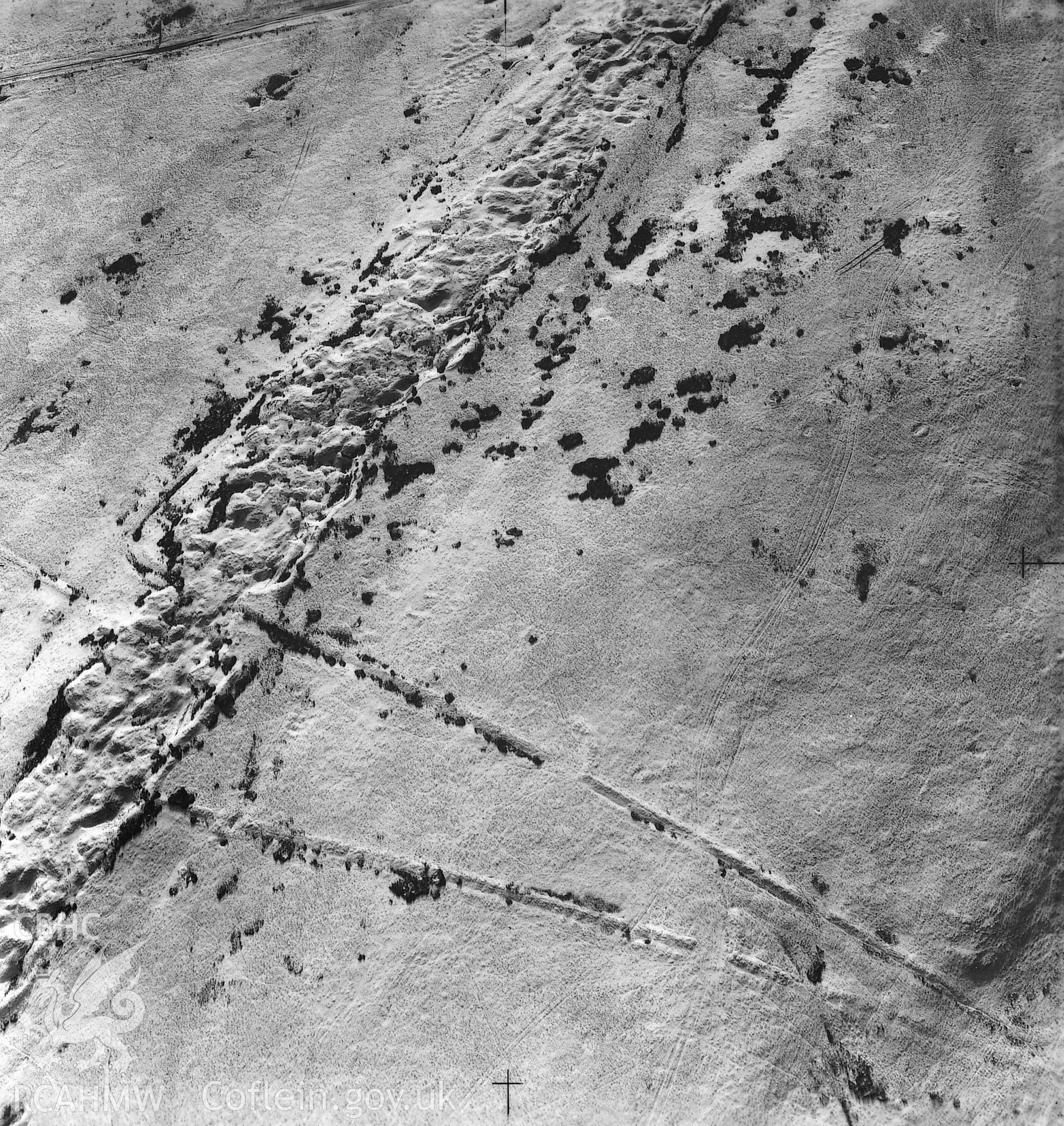 Figure 10: Digital image showing aerial view of the tilestone quarries and camps at Y Pigwn, 1969.