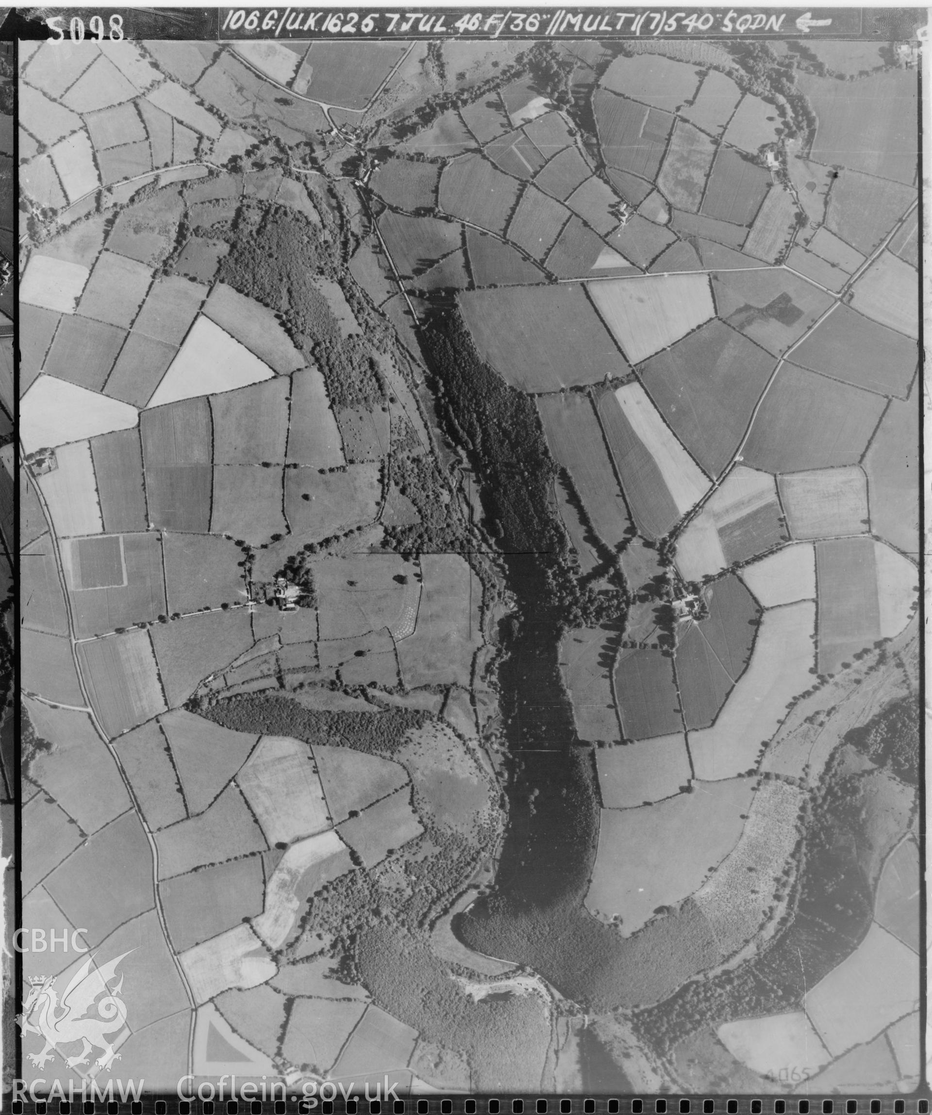 Black and white vertical aerial photograph taken by the RAF on 07/07/1946 centred on SN27532586 at a scale of 1:10000. The photograph includes part of Trelech community in Carmarthenshire.