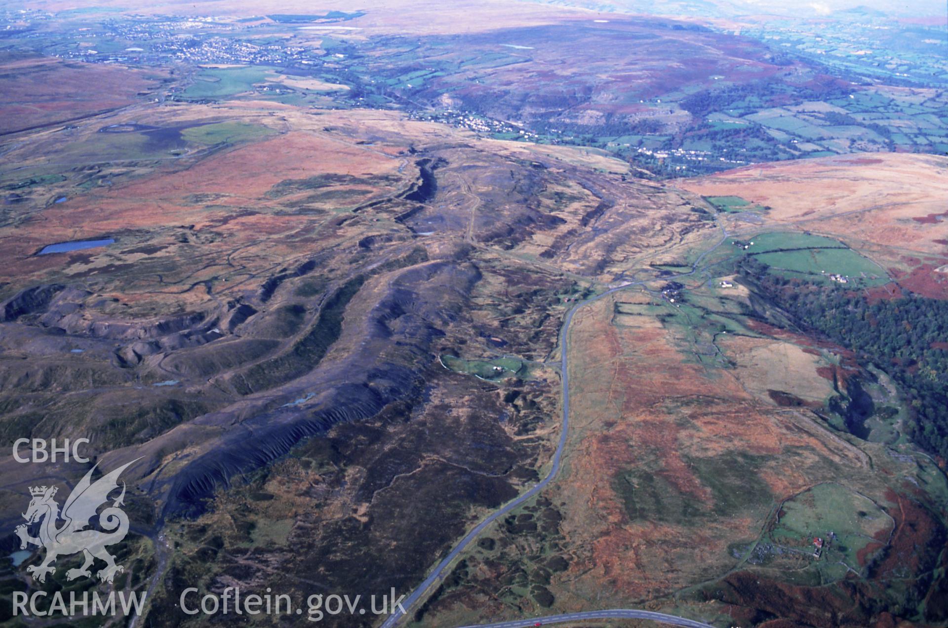 RCAHMW colour slide oblique aerial photograph of the ironstone quarry north of Tir Abraham Harry, Blaenavon, taken on 19/10/1992 by CR Musson