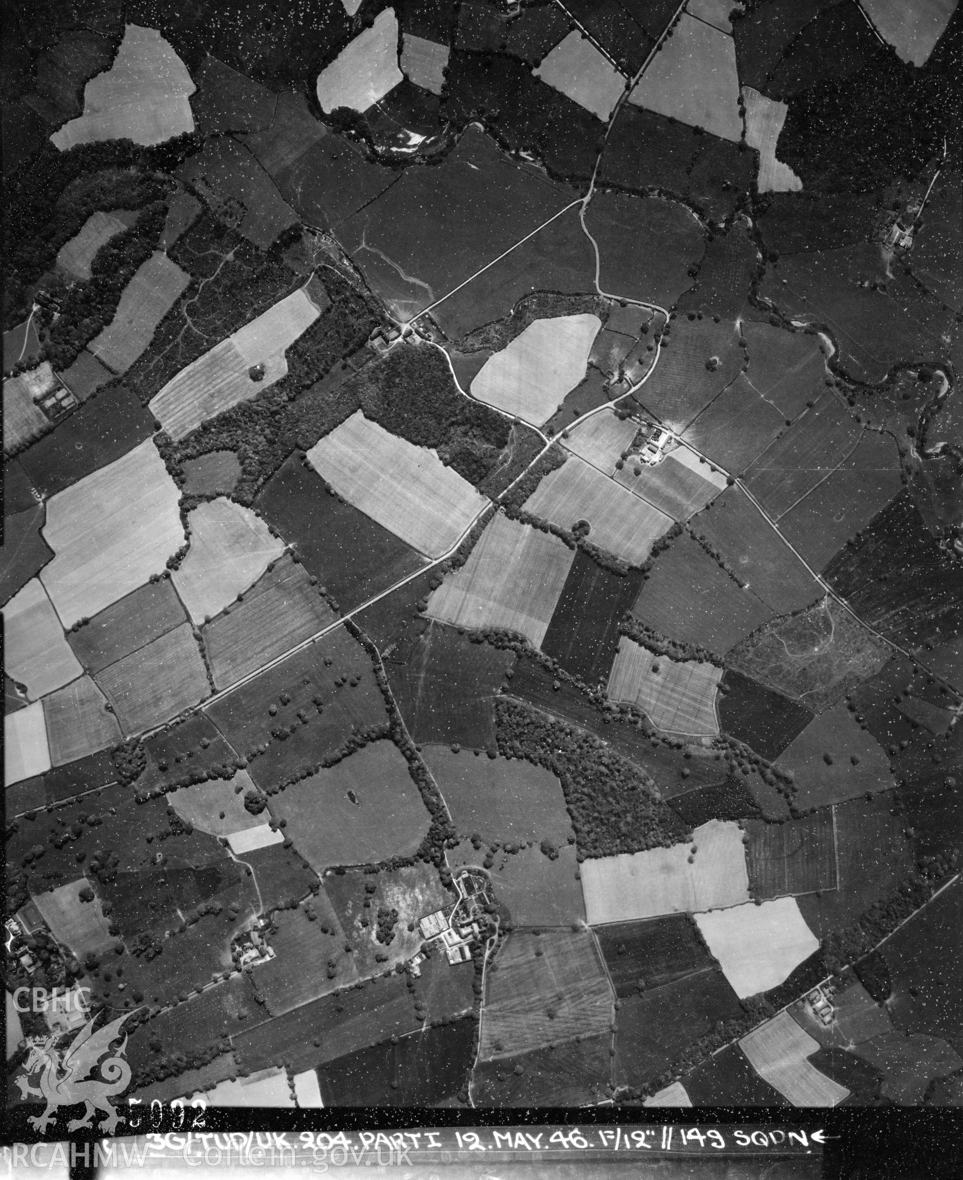 Black and white vertical aerial photograph taken by the RAF on 12/05/1946 centred on SH70746881 at a scale of 1:10000. The photograph includes part of Caerhun community in Conwy.