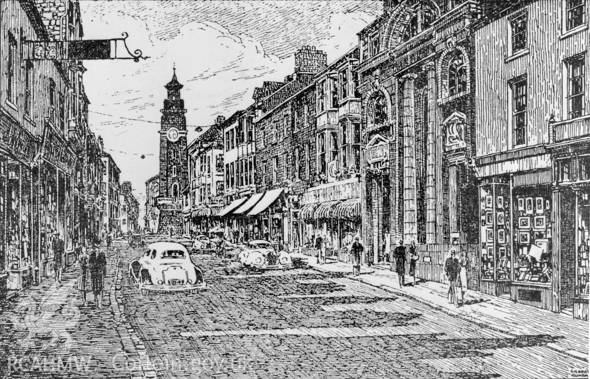 Black and white print of a postcard of a drawing of Great Darkgate Street with clock tower, Aberystwyth, undated, copied from the Mary Tinker Collection. Copy negative held.