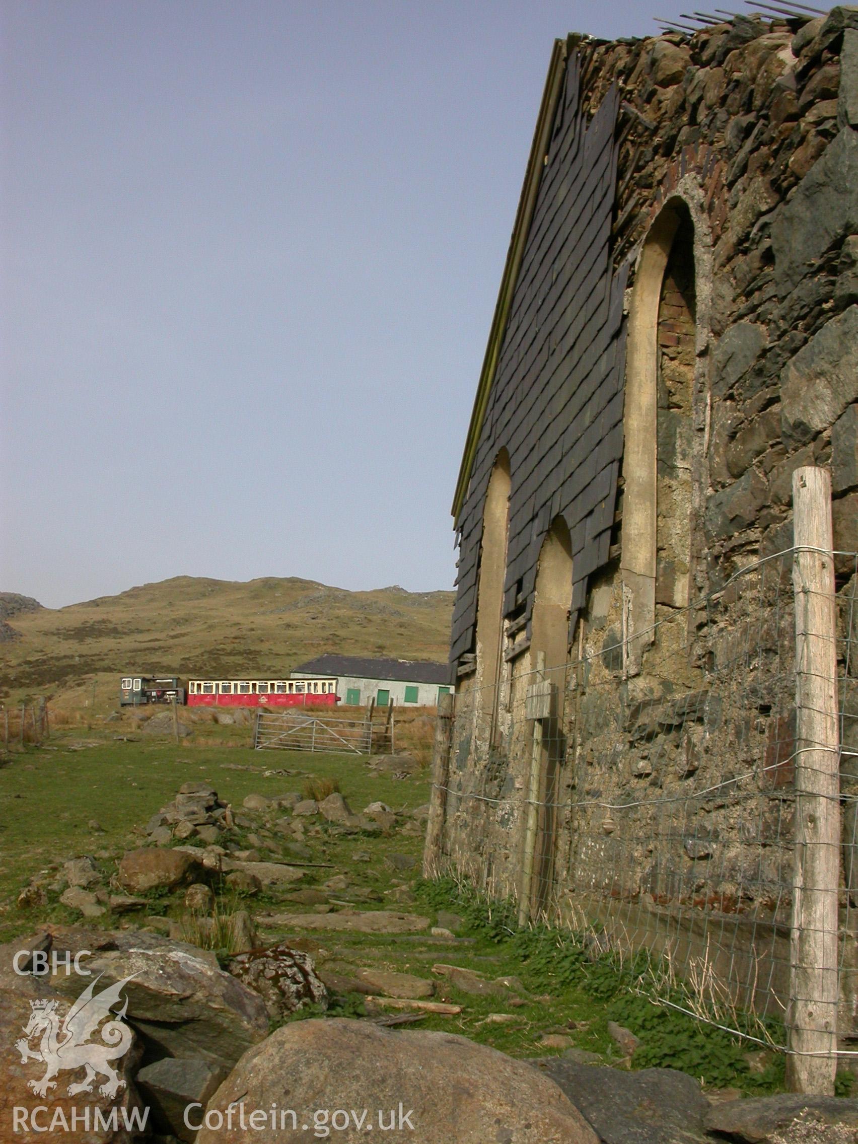 Exterior,  chapel front & mountain railway train at Hebron station