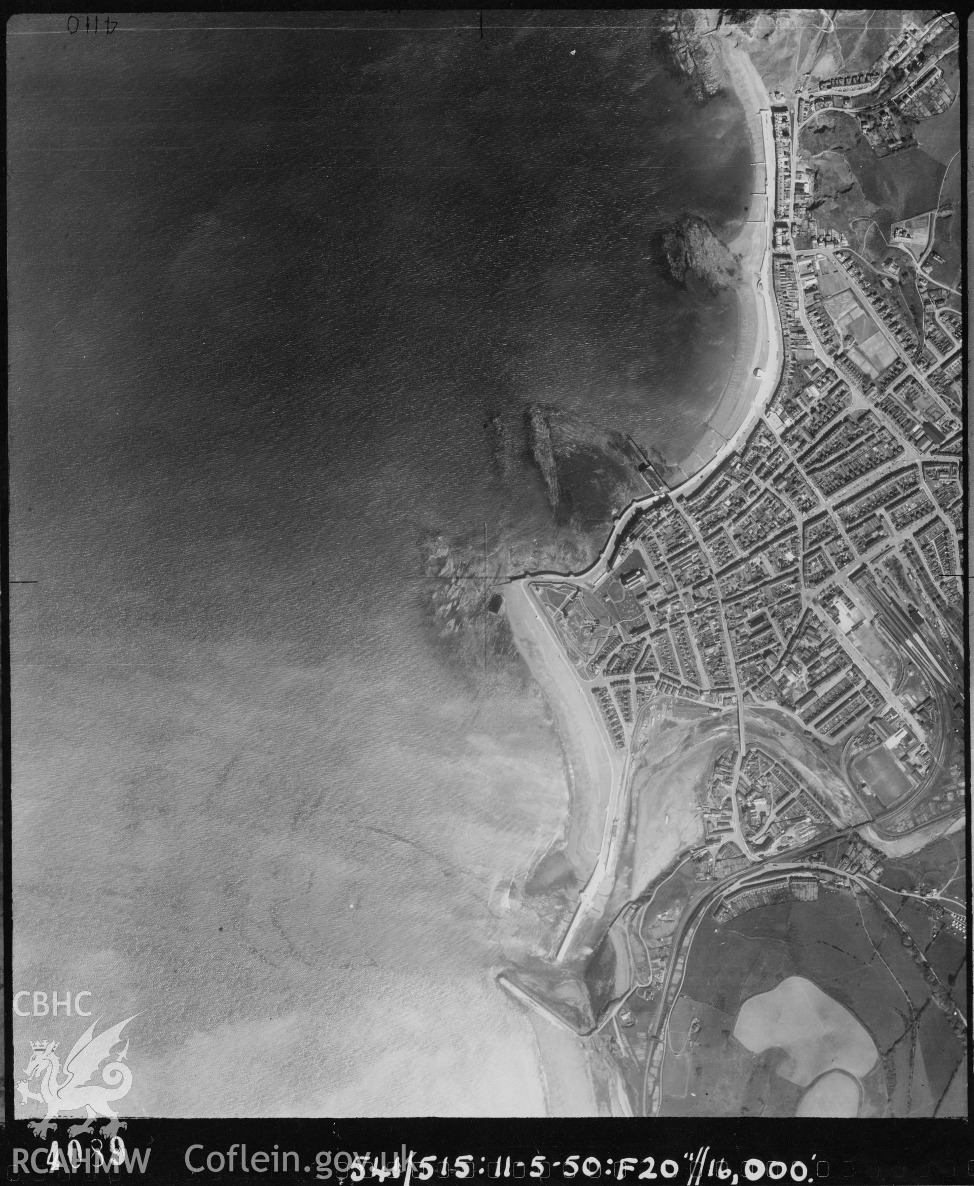 Black and white vertical aerial photograph taken by the RAF on 11/05/1951 centred on SN57758158 at a scale of 1:10000. The photograph includes part of Aberystwyth community in Ceredigion.